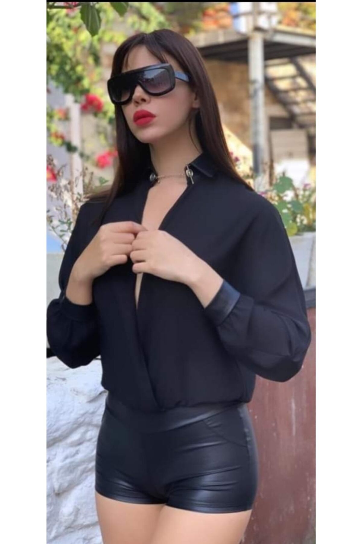 KAYAHAN COLLECTION Üzeri Şifon Şort Deri Tulum