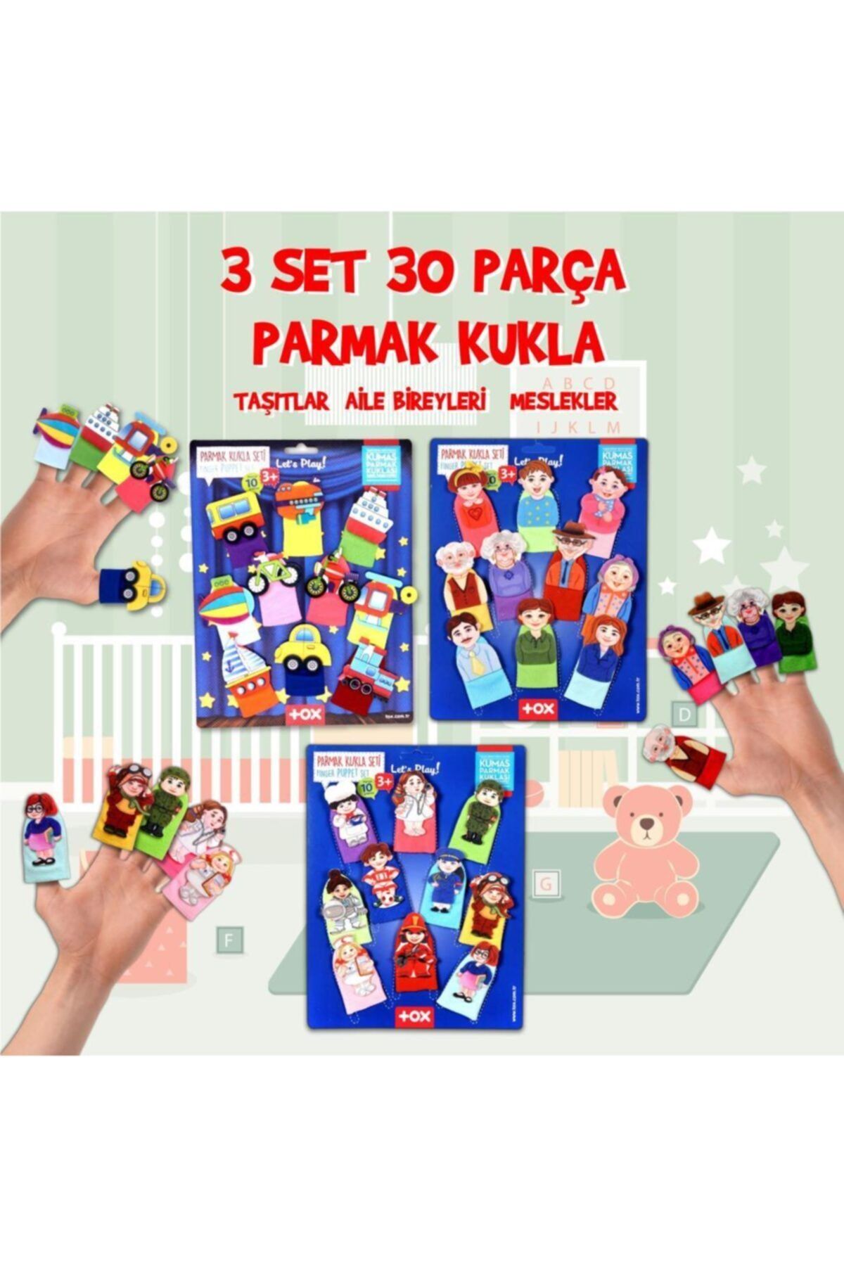 Tox 3 Set - 30 Parça Taşıtlar, Aile Bireyleri Ve Meslekler Parmak Kukla T181 T75-2 T76-2