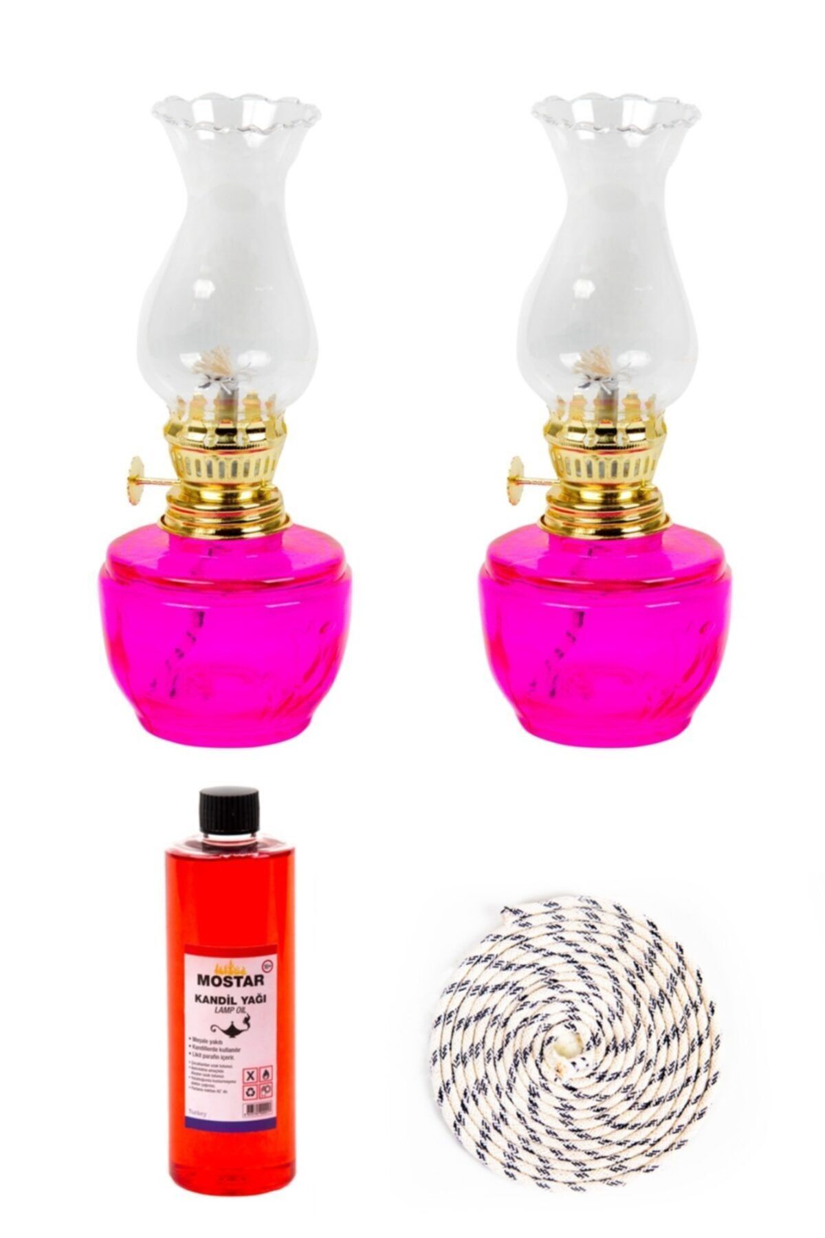 ŞEHRİMOSTARKIRK1 Gaz Lambası 2 Li Küçük Pembe Set-kandil Yağ 400 Ml+1 Metre Fitil