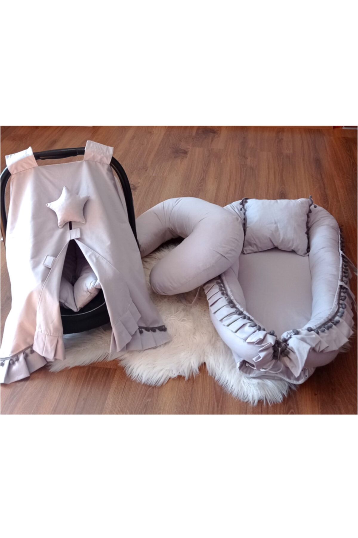 Markaawm Babynest Beşik Puset Örtüsü Puset Minderi Emzirme Yastığı Ponpon