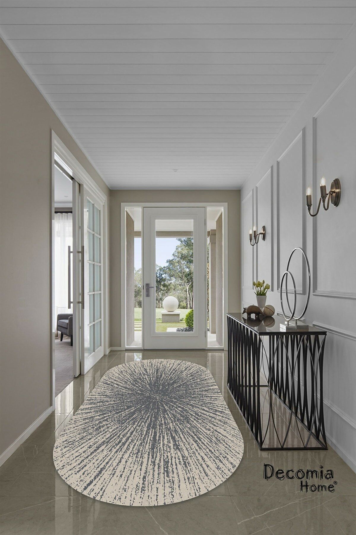 NEVA HOME Krem Zeminli Gri Püskürtme Desenli Yıkanabilir Oval Yolluk Ve Salon Halısı