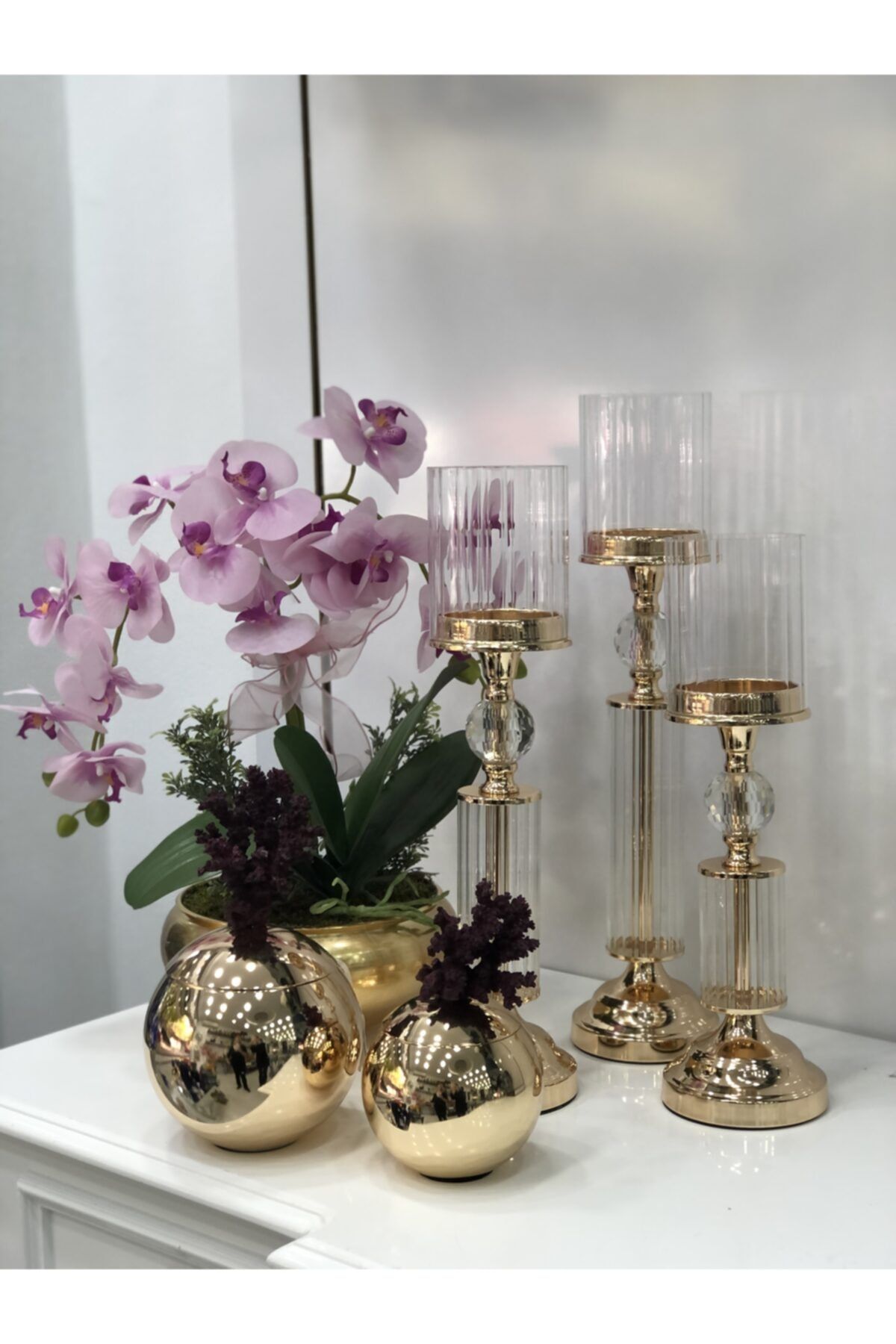 Homes&Flowers Yapay Çiçek Aranjmanı Gold Vazoda Özel Tasarım