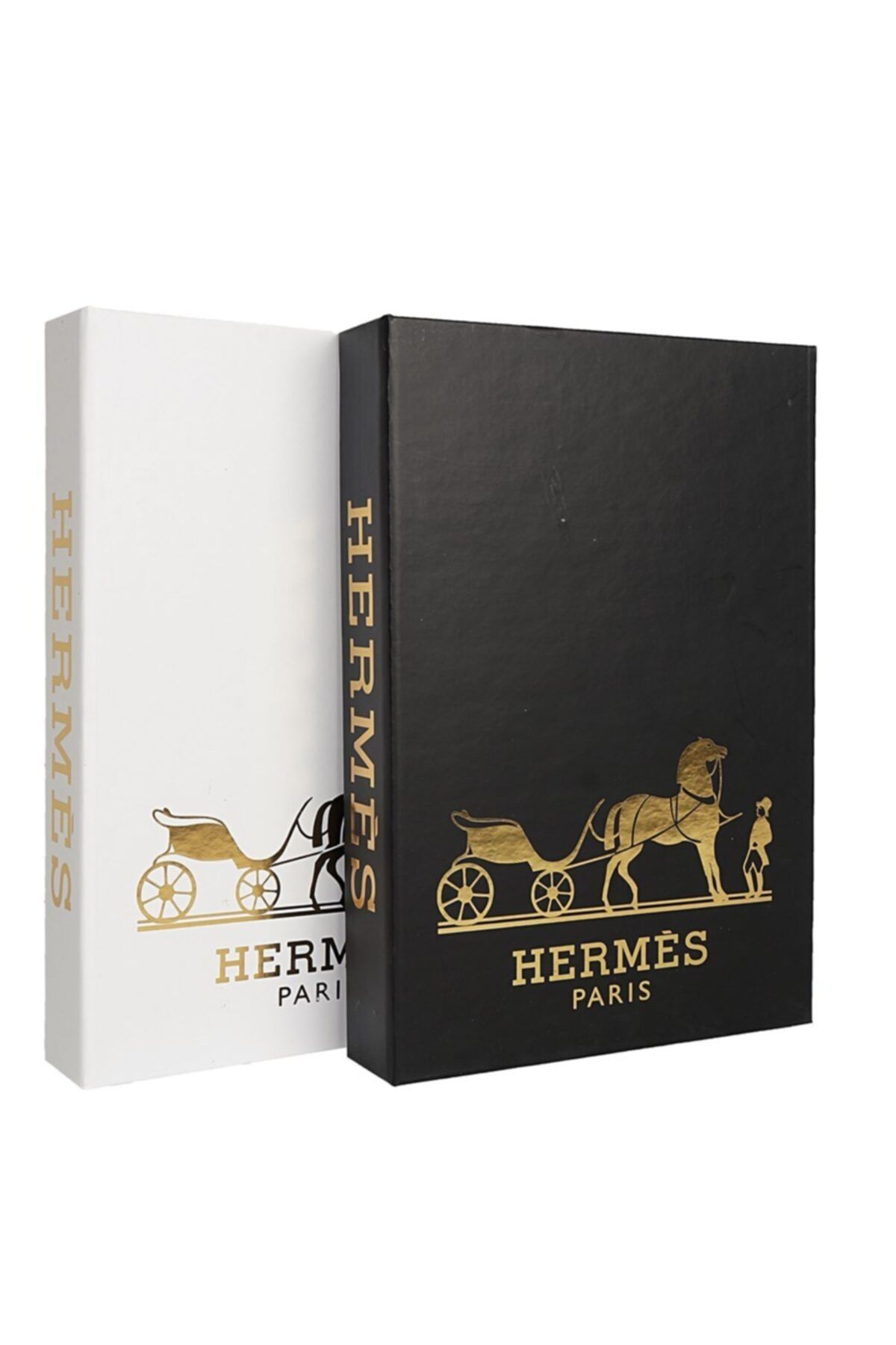 notiyatro Hermes Gold Siyah ve Gold Beyaz Yaldızlı 2 Li Dekoratif Kitap Kutusu Set