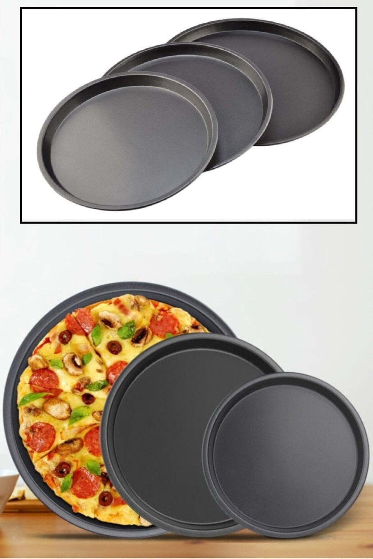 Manor 3'lü Pizza Pan, 3 Boy Pizza Tepsisi, Fırın Tepsisi