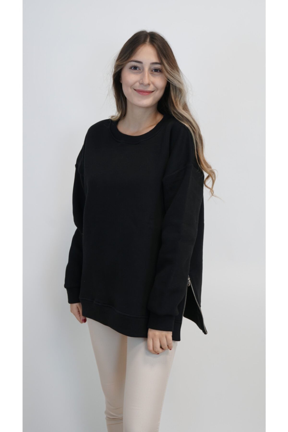CARNA DESİGN Kadın Siyah Şardonlu Oversize Yandan Fermuarlı Sweatshirt
