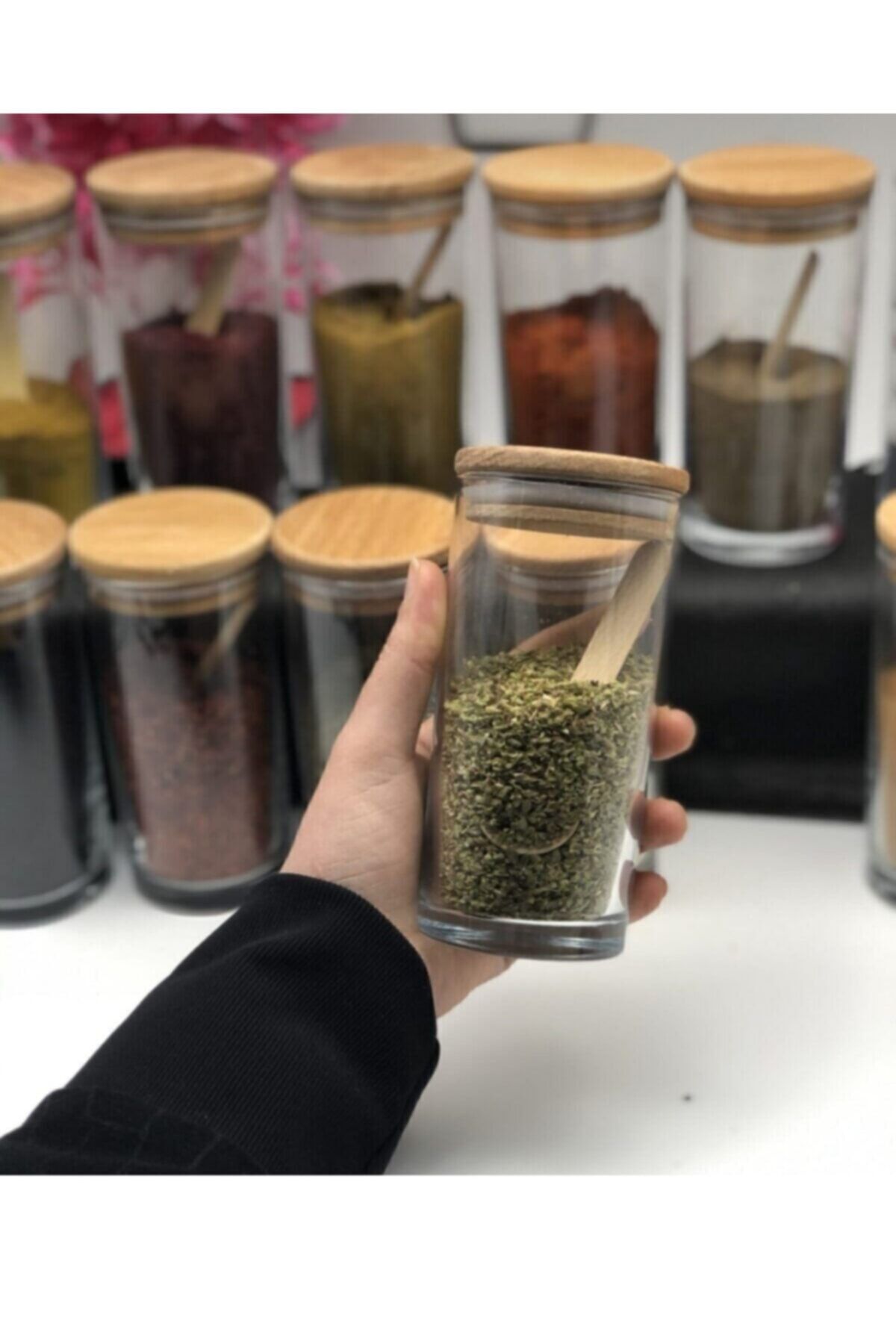 TRUSTMODA 24 Parça Baharat Seti 12 Adet 300 Ml Bambu Kapaklı Cam Kavanoz 12 Adet Ölçek Kaşık