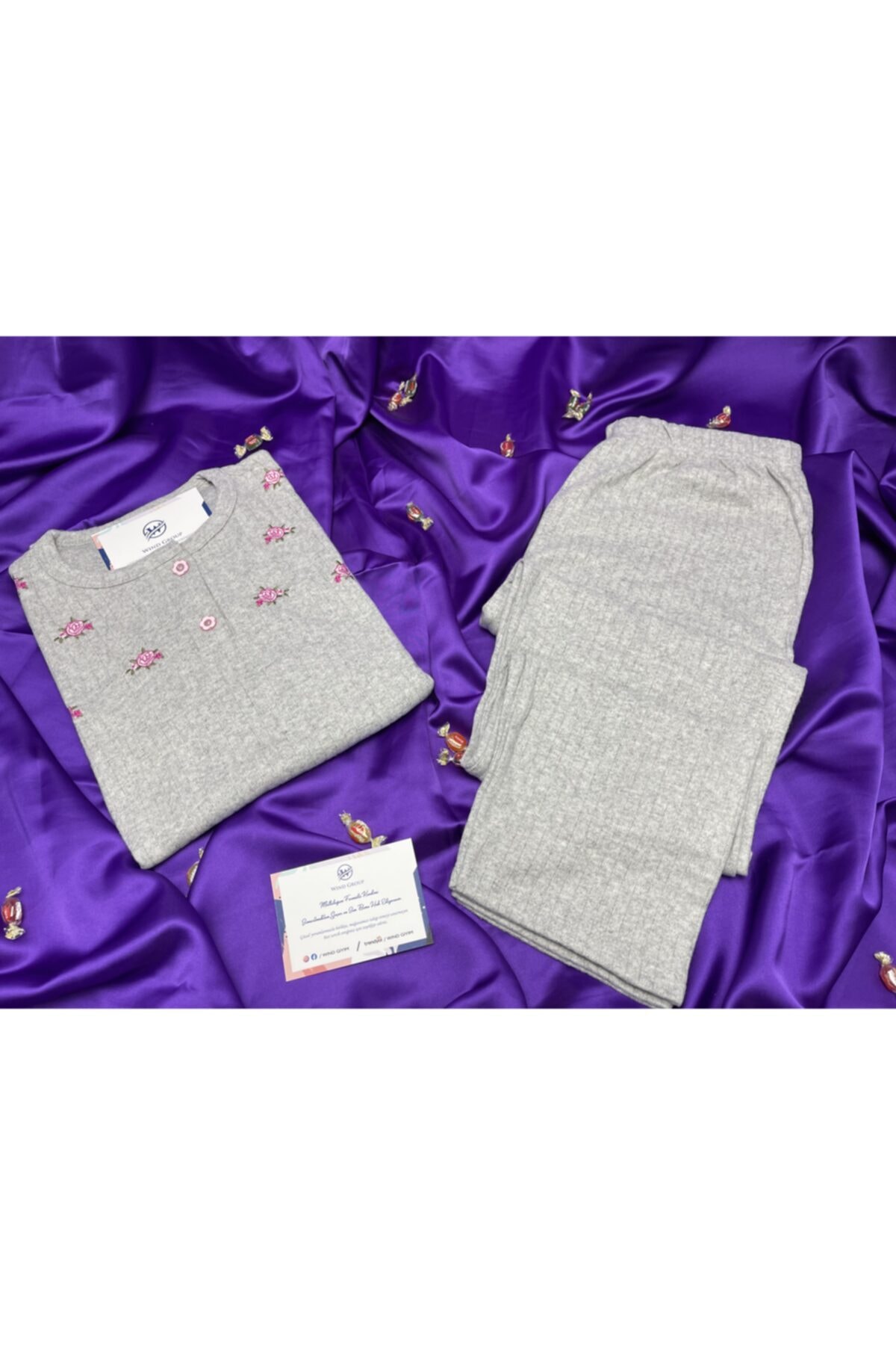 WIND GIYIM Yeni Sezon Kadın  Anne Pembe Gül Detaylı Kaşkorse Kışlık Pijama Takımı