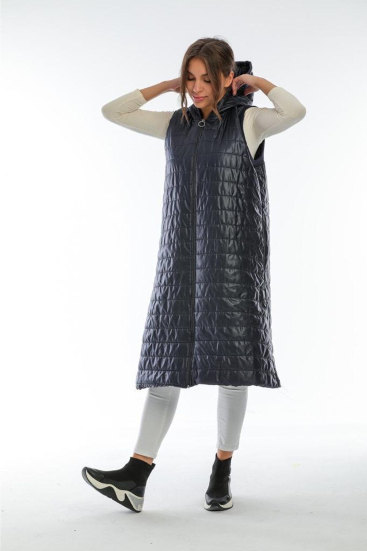 Blue Dress Lacivert Uzun Kapitone Yelek