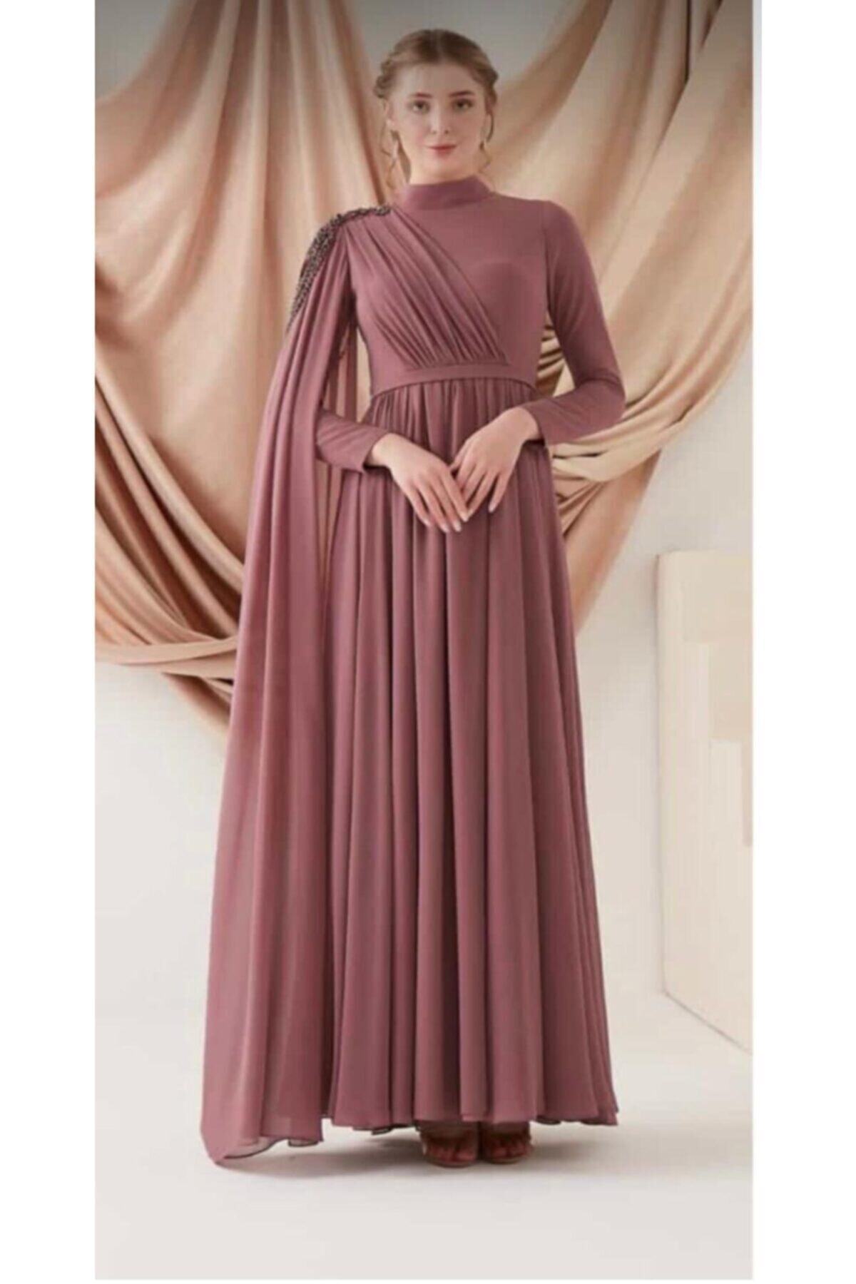 sarıhan Moda Almeda Tek Kol Işlemeli Tesettür Abiye Gül Kurusu