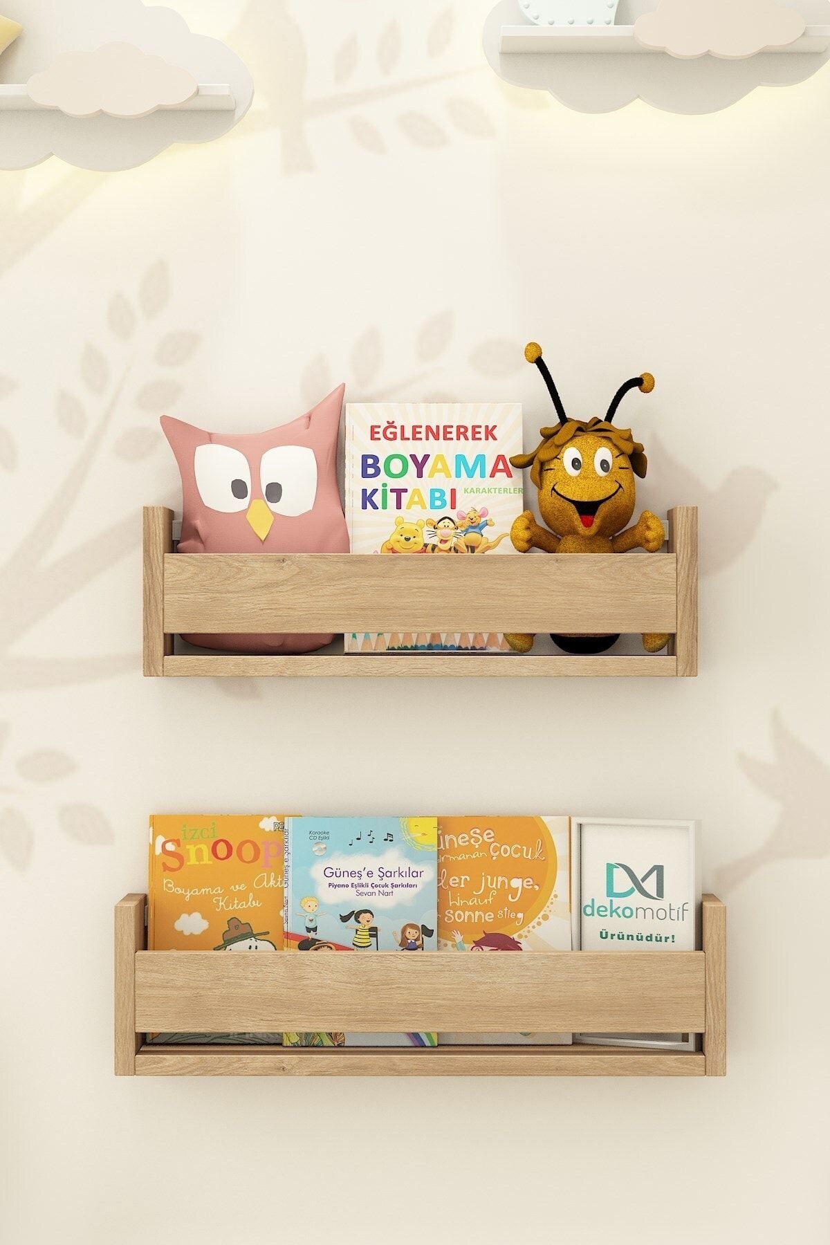 Dekomotif Montessori Tekli 2 Raf Mdf Koyu Meşe Çocuk Odası Eğitici Kitaplık
