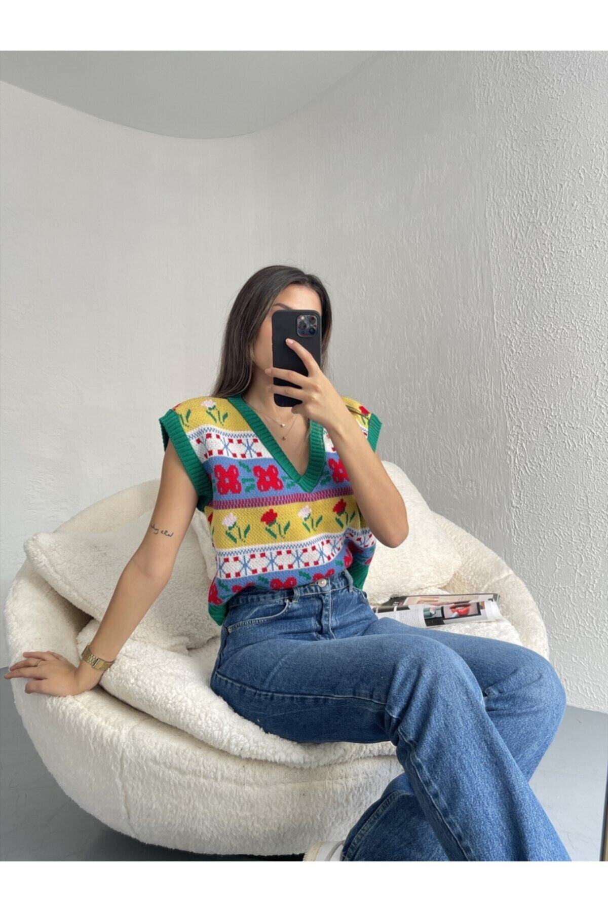 Erşan Giyim Desenli V Yaka Süveter Yeşil Akc3502021