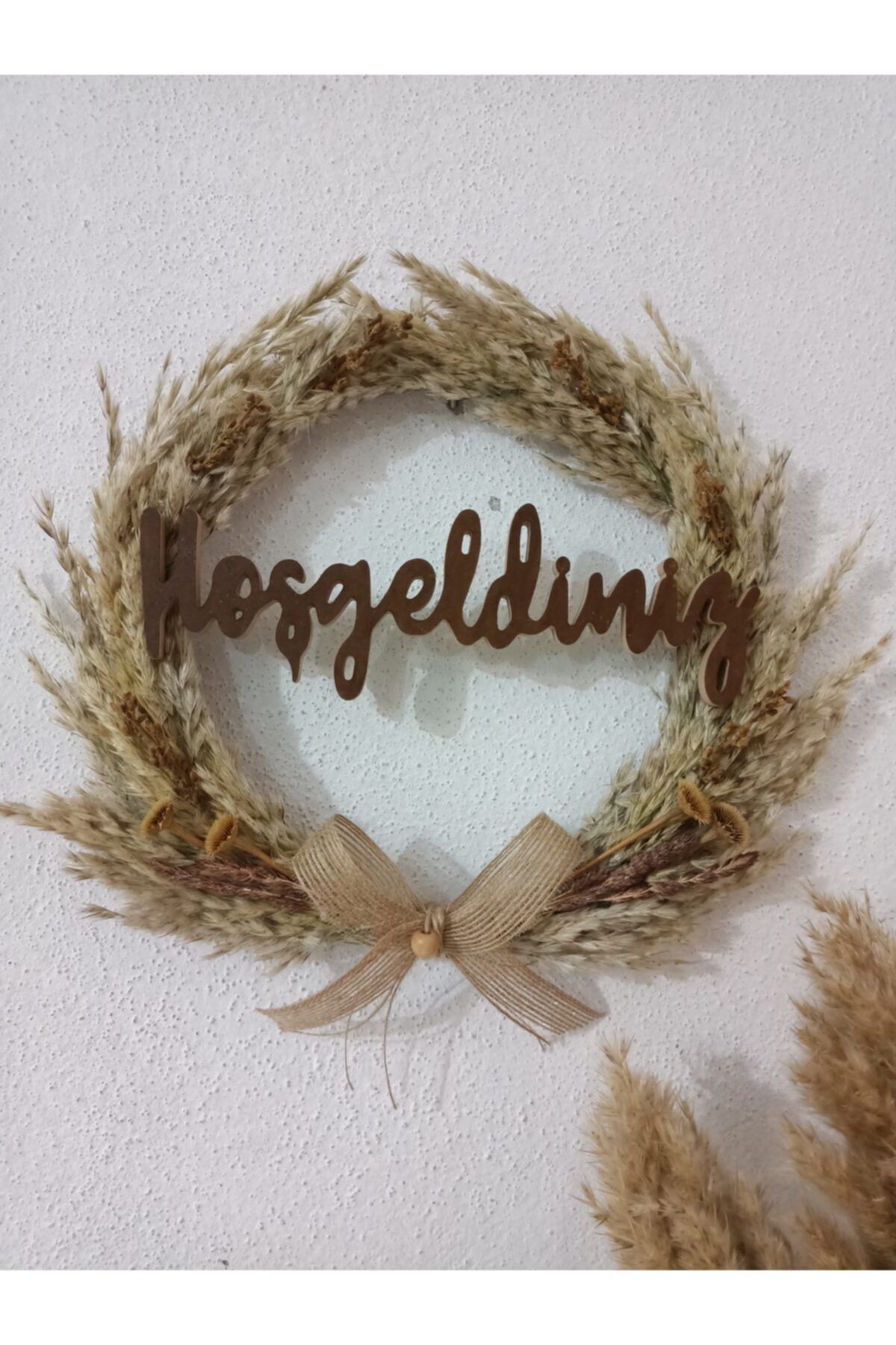 Moon Woods Kapı Süsü Gerçek Soklanmis Pampas Otlu Ve Kuru Çiçekli