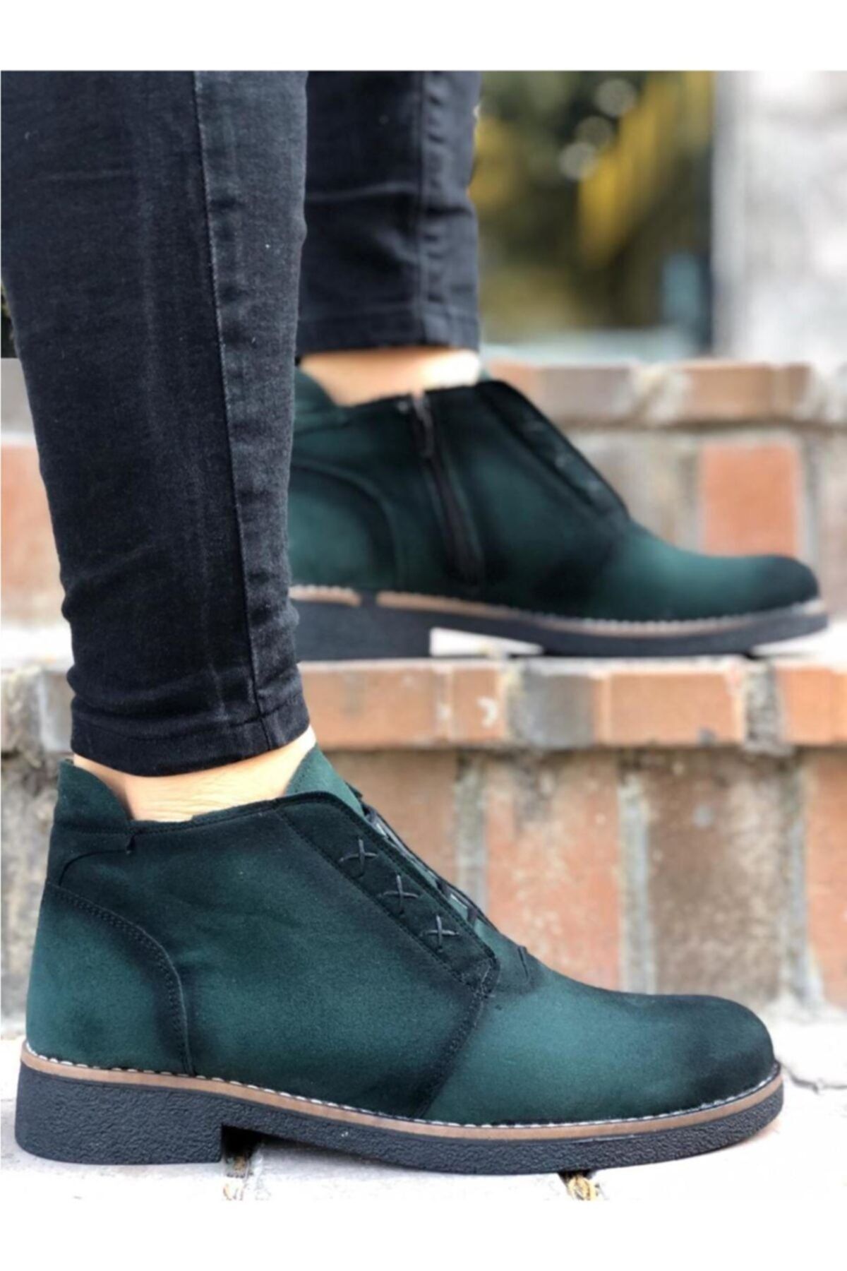 ayakkabıxml Er0045 Gizli Bağcıklı Haki Yeşil Süet Siyah Taban Casual Erkek Spor Klasik Yarım Bilek Bot