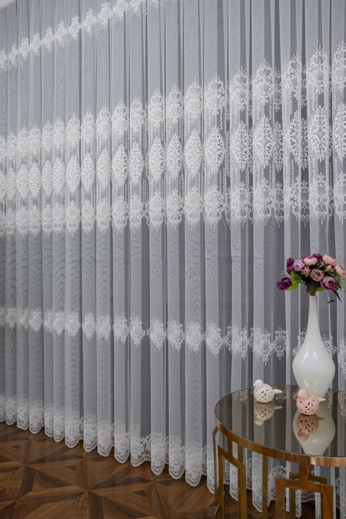 farbateks Taç Damask Desen Salon Tül Perde Model Tasarım Çeşit Renk Tül 3 Katpileli