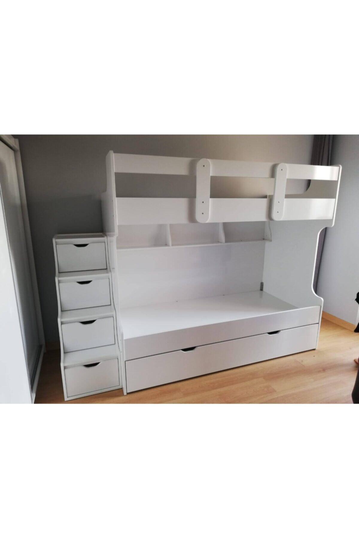 EMİN MOBİLYA DEKORASYON Yavrulu Ranza % 100 Mdf Yandan Çekmeceli Merdivenli