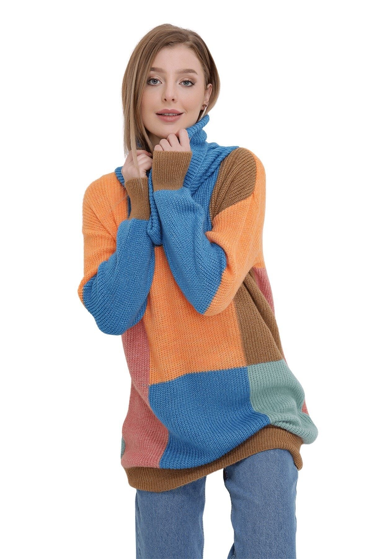 butikburuç Kadın Camel Degaje Yaka Renkli Triko Tunik