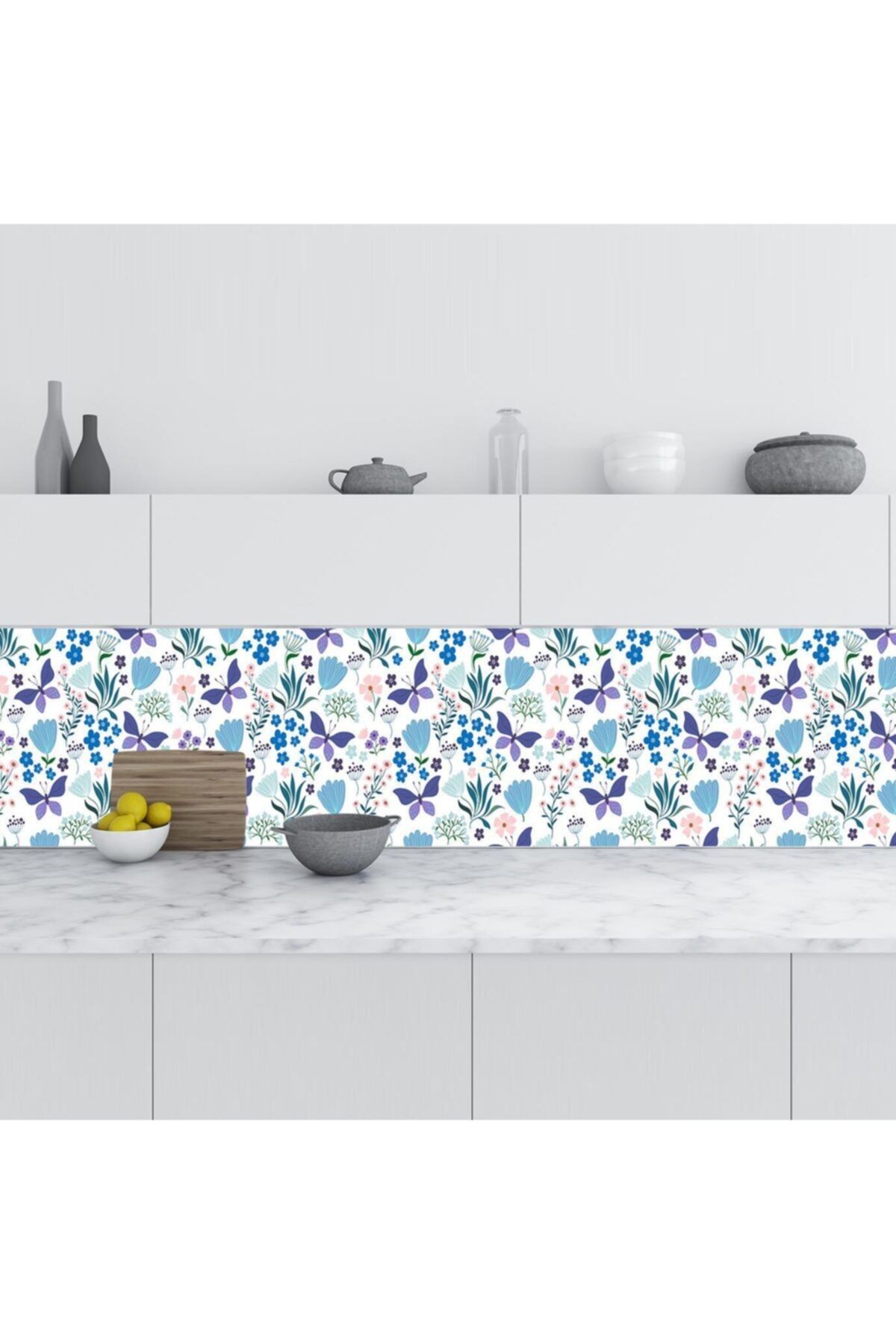 StickerArt Mutfak Tezgah Arası Folyo Fayans Kaplama Folyosu Mavi Çiçek Kelebek 60x300 Cm