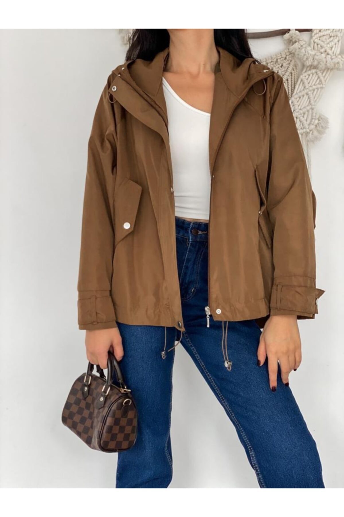 SARIYILDIZ Kadın Oversize Kapüşonlu Tarçin Su Geçirmez Astarlı Yağmurluk