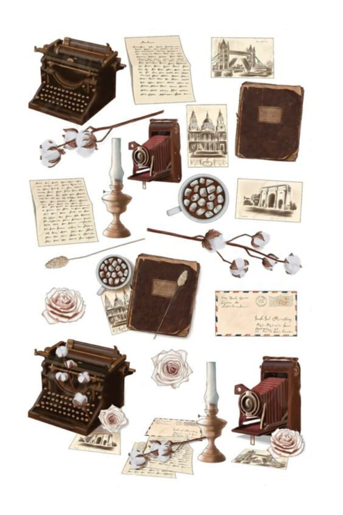 Atölye Semperra Vintage Tasarım Kahve Tonları Baskılı Sticker , Etiket , Çıkartma Seti