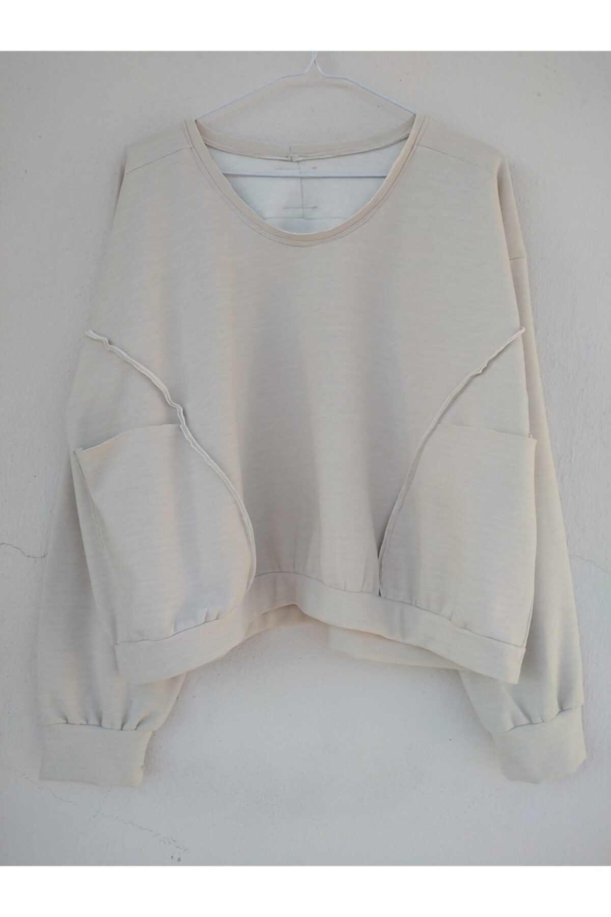 lovetheworld Tasarım,ekru,pis Dikişli,2 Cepli,oversize Crop Fit,şardonlu Penye Sweatshirt