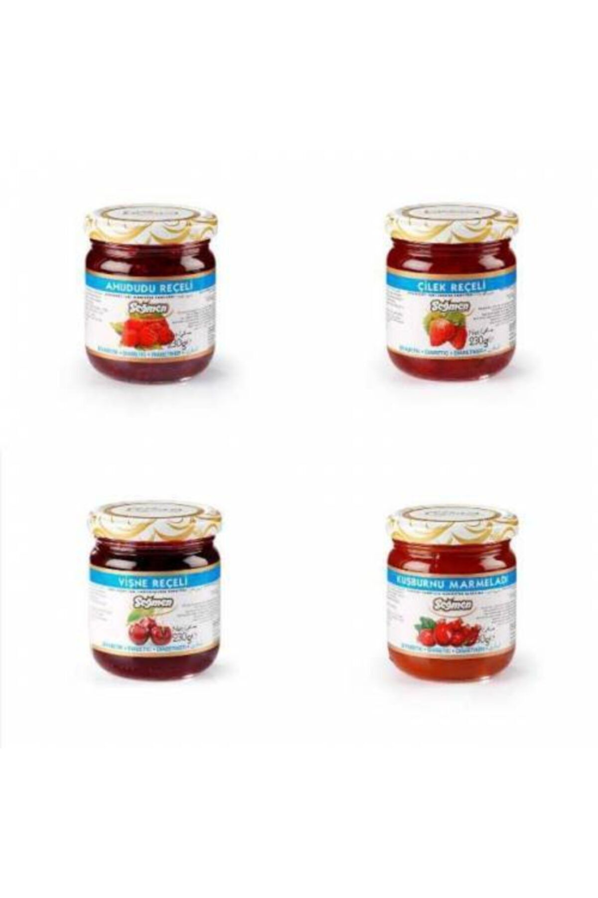 organikbakal bakma al Diyabetik Vişne + Çilek + Ahududu Reçeli + Kuşburnu Marmelatı 4 X 230 G