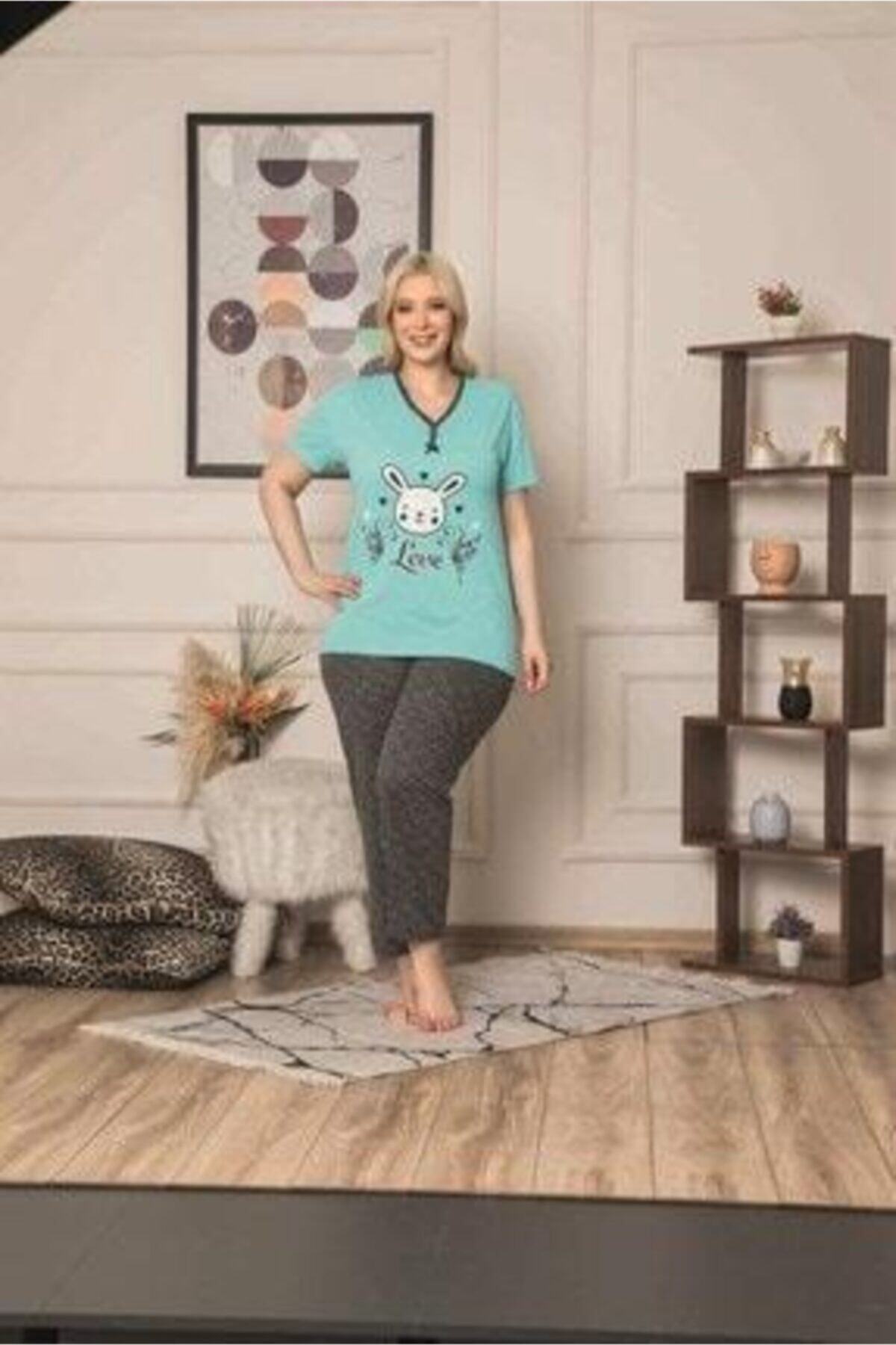 tarzimsuper Kadın Büyük Beden Kısa Kollu Tavşan Detaylı Pijama Takımı