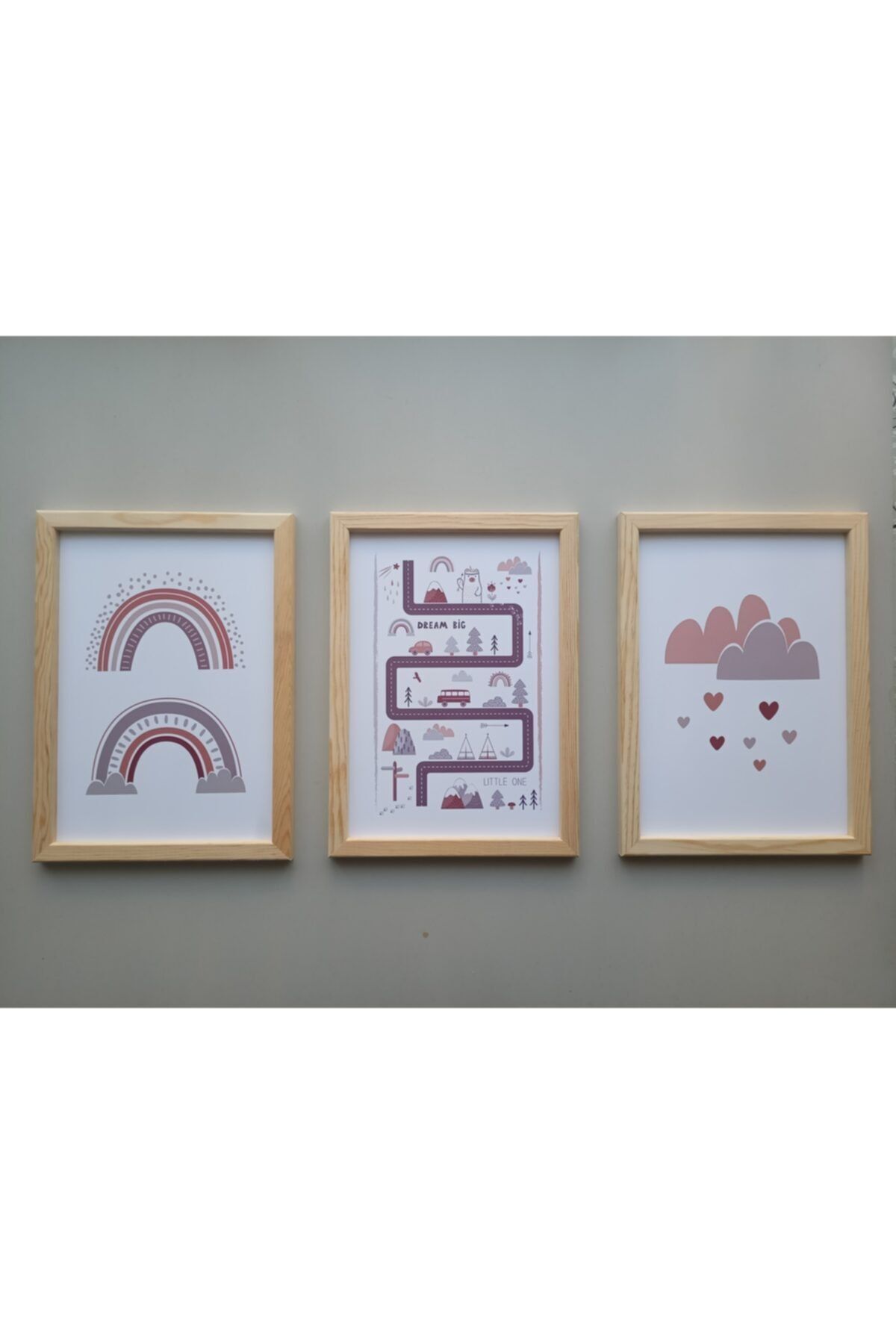 Babystasarım Gökkuşağı & Yol Iskandinav Çocuk & Bebek Odası Doğal Masif Ahşap Tablo Poster 3'lü Set 21x30 Cm (a4)