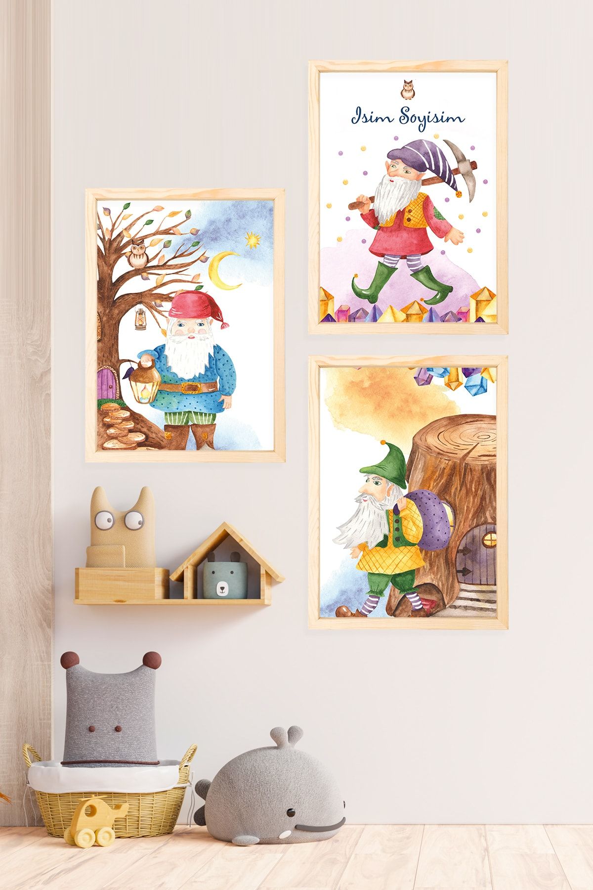 Vela Gifting Ahşap Çerçeveli Cüceler Ve Hazineler 3 Adet 33 x 44cm Büyük Boy Çerçeveli Bebek, Çocuk Odası Tablo