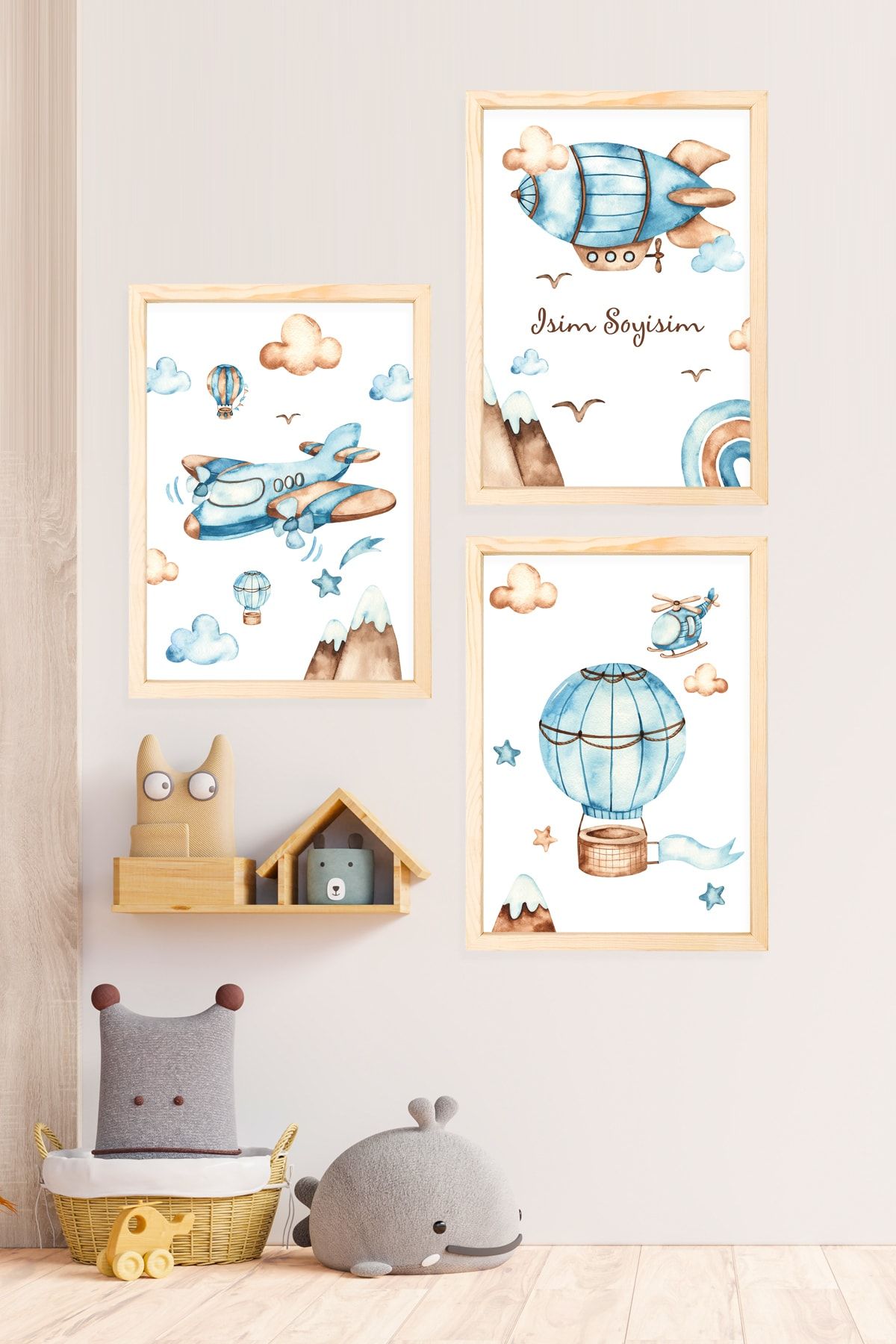 Vela Gifting Ahşap Çerçeveli Uçak-balon 3 Adet 33 X 44cm Büyük Boy Çerçeveli Bebek, Çocuk Odası Tablo