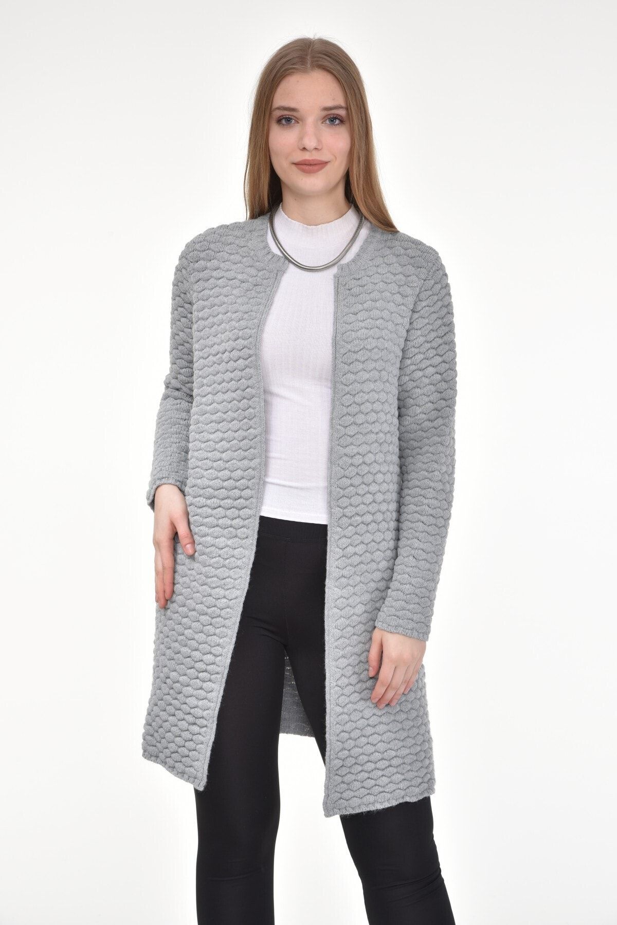 Cool Style Kadın Gri Jakarlı Örgü Tesettür Triko Hırka