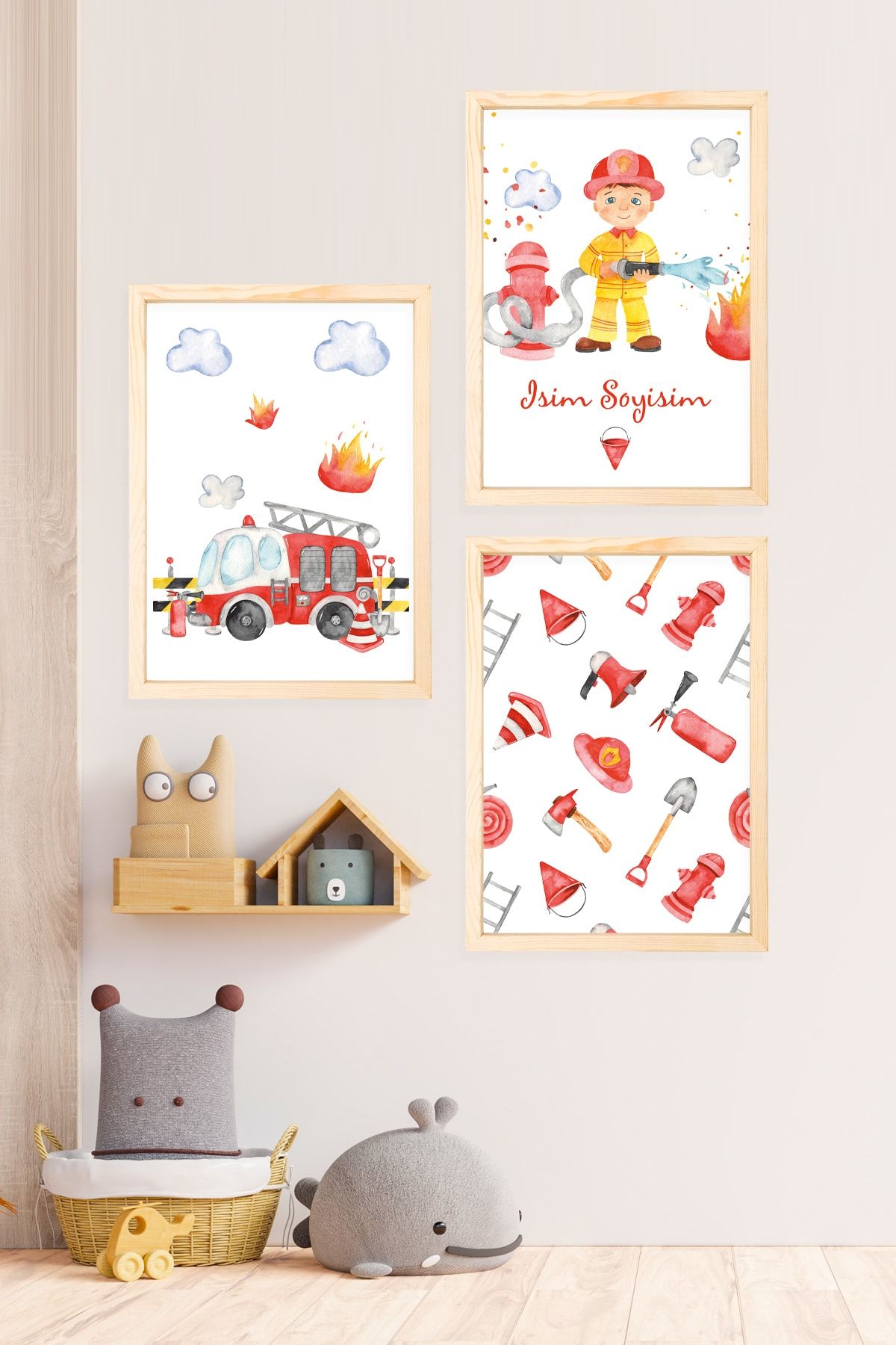 Vela Gifting Ahşap Çerçeveli Itfaiye 3 Adet 33 X 44cm Büyük Boy Çerçeveli Bebek Çocuk Odası Tablo