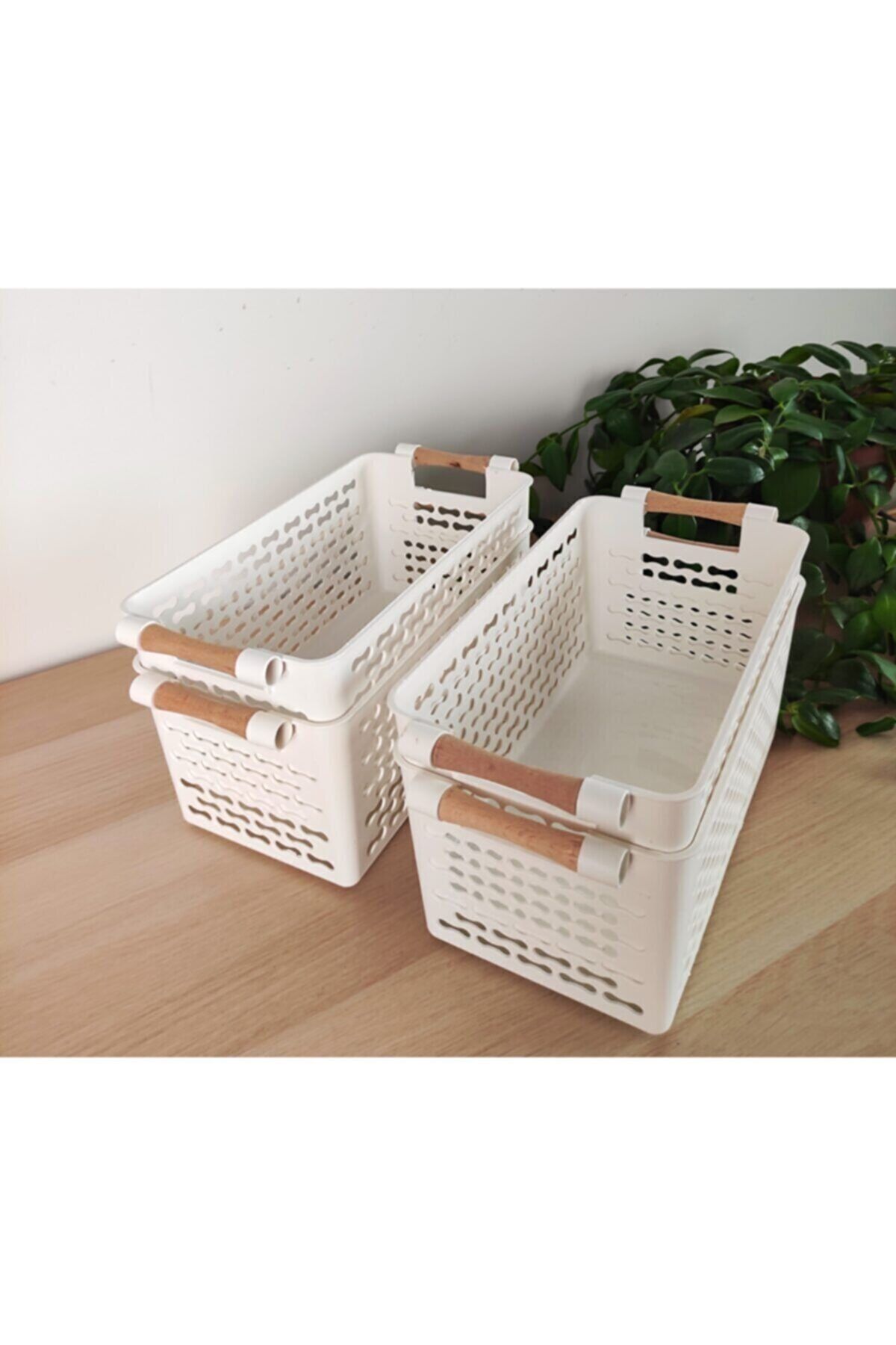 Neptün Life 4 Adet Beyaz Ahşap Renk Plastik Saplı Organizer Sepet