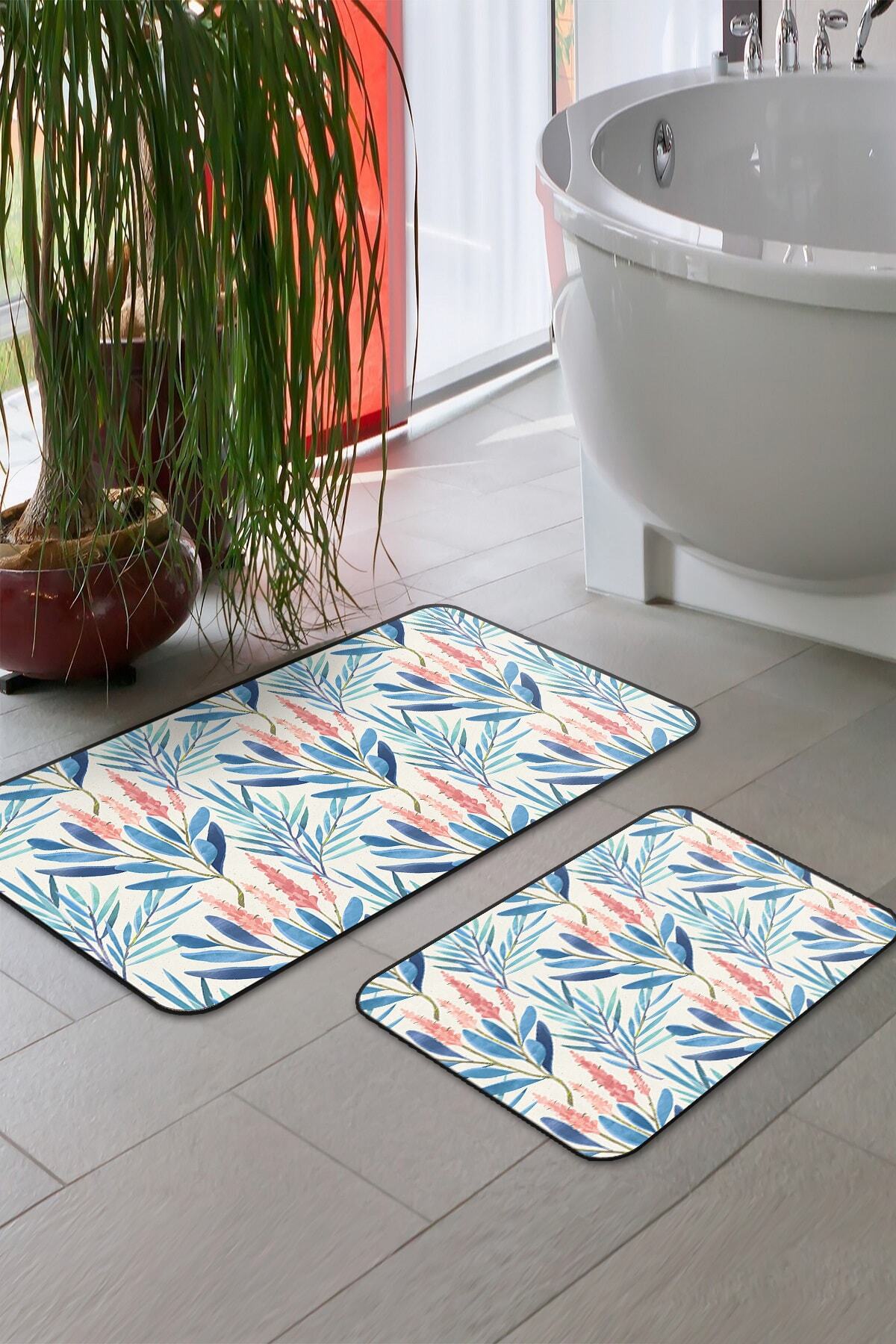 DECCOR EVİM Dijital Baskılı Kaymaz Sünger Tabanlı Kadife Kumaşlı Yıkanabilir 2li Banyo Paspas Seti
