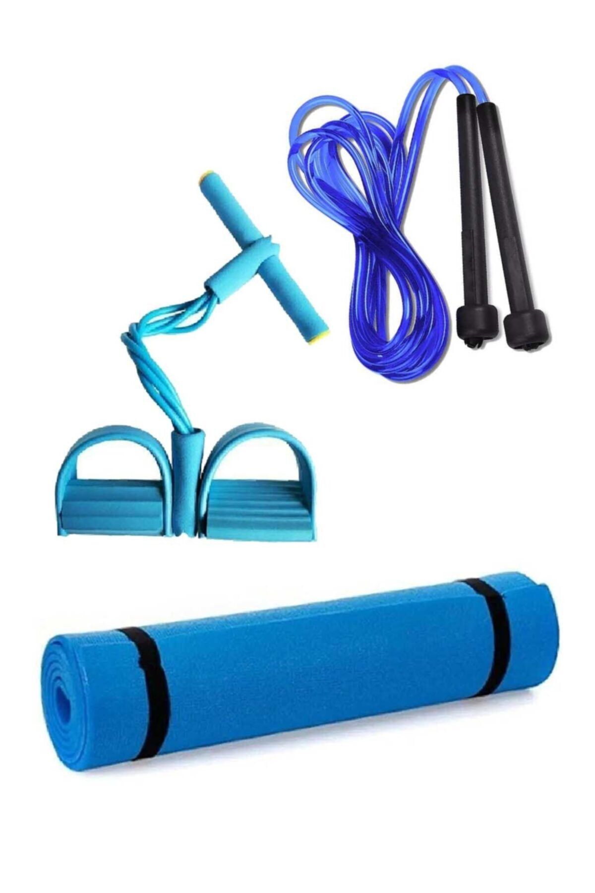 Tayzon Mavi Pilates Matı + Mavi Uzunluk Ayarlı Pvc Atlama Ipi + Body Trimmer Kürek Çekme Aleti
