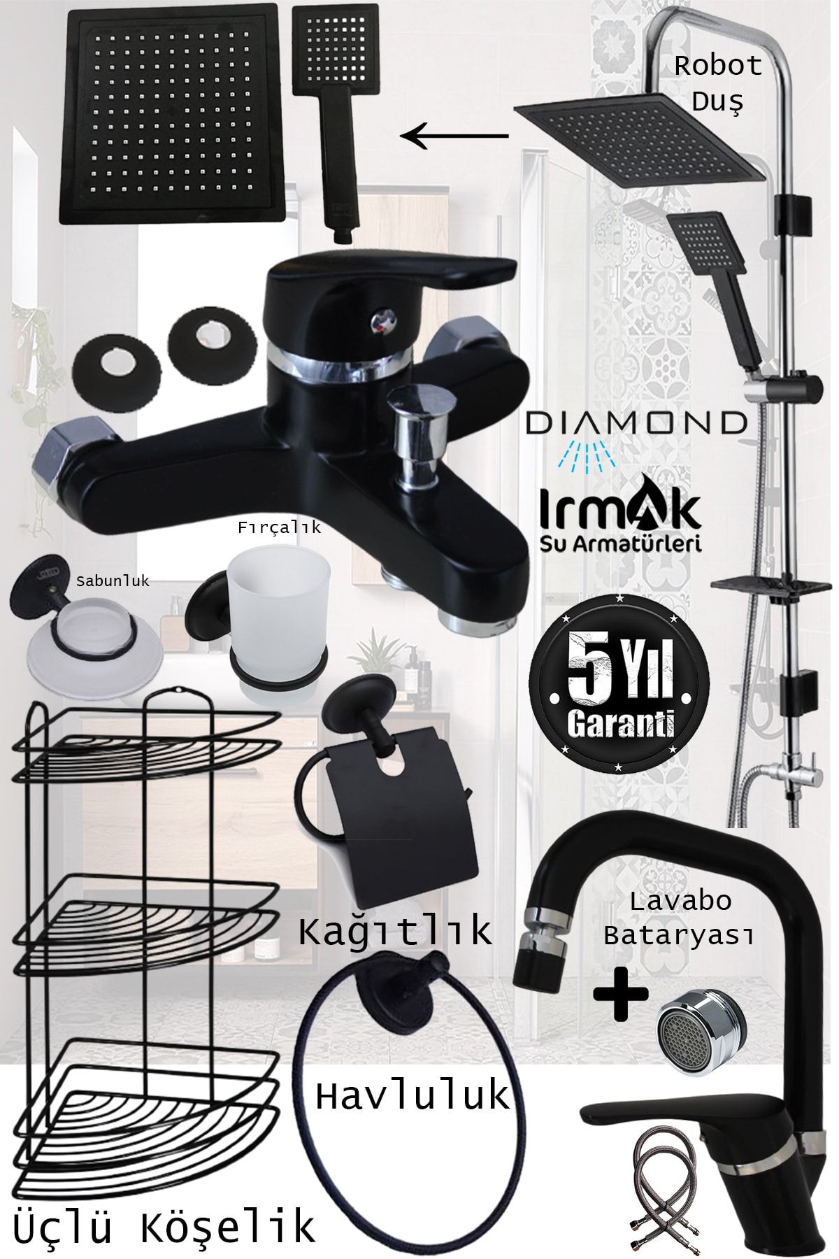 özbay ısı sanayii ö şekil Irmak Banyo Bataryası, Musluk Armatür Lavabo Diamond Robot Duş Havluluk Köşelik Fırçalık Sabunluk