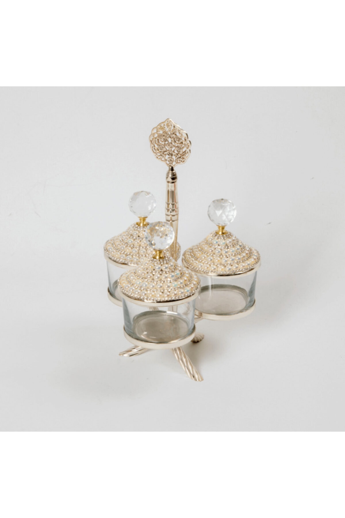 İnova Home Decor Aden Incili Standlı Üçlü Gümüş-sade Baharatlık-çerezlik Seti