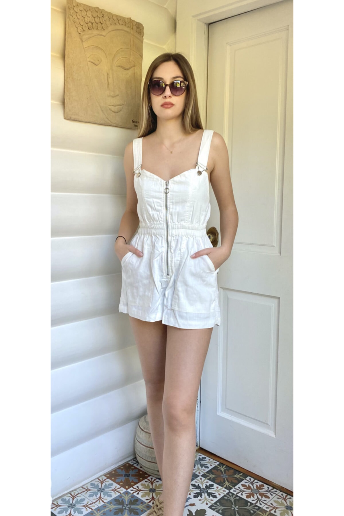 Hedonify Kadın Beyaz Kısa Jean Salopet Tulum