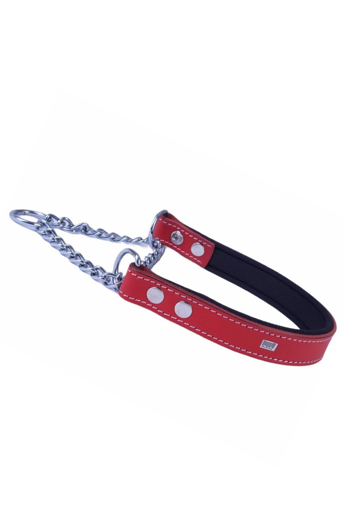 Doggie Gerçek Deriden Boğma Zincirli Köpek Boyun Tasması Kırmızı 2,5x40-50 Cm