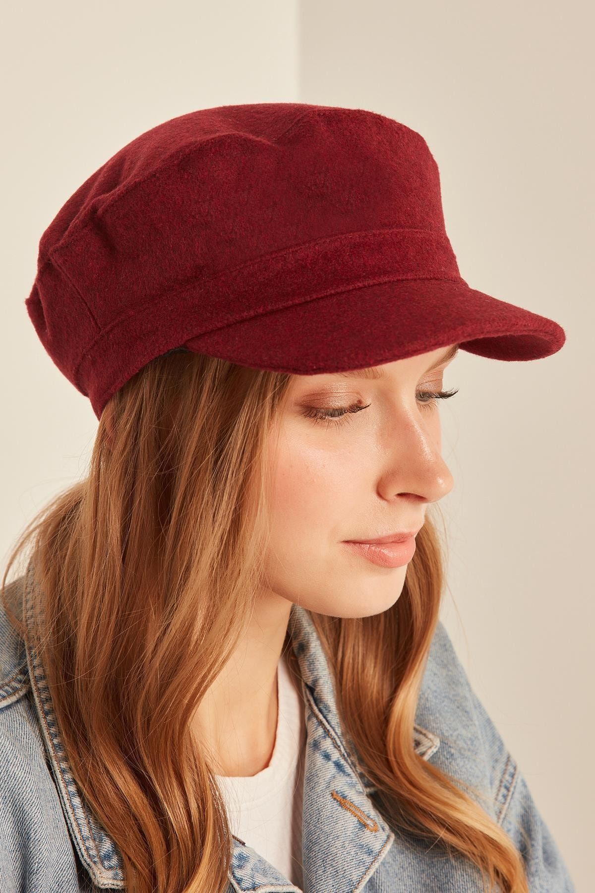 YLondon 12848 Kaşe Bordo Siperli Şapka