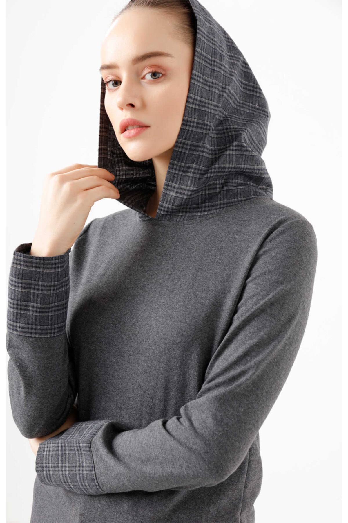 Yoncaekspres Ekose Desen Kapüşonlu Sweatshirt Tunik 3323 Füme