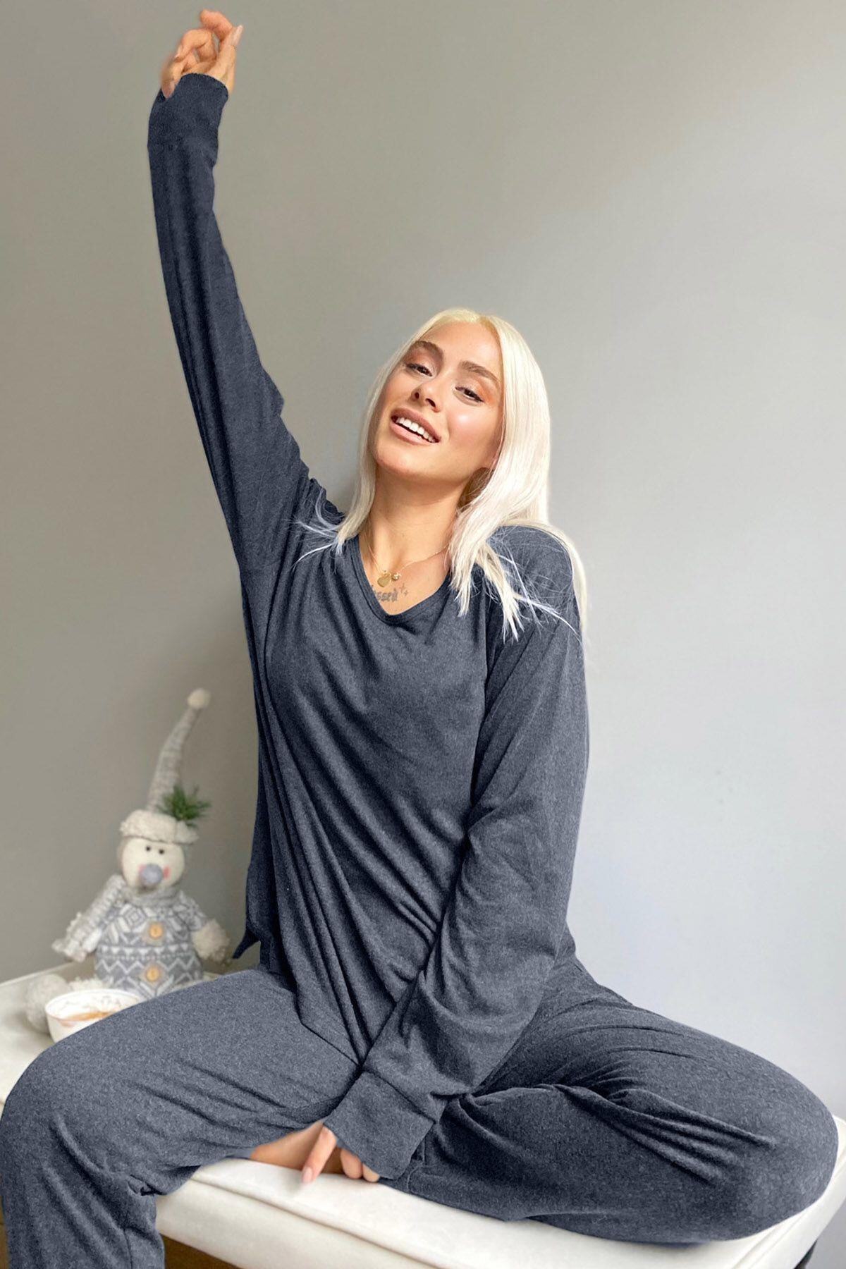 Pijamaevi Lacivert Bambu Uzun Kol Kadın Pijama Takımı