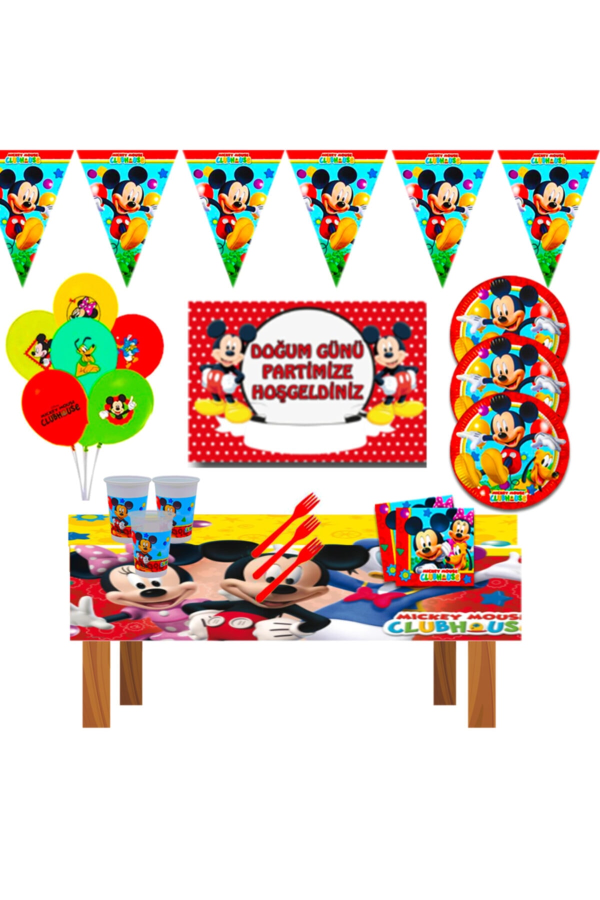 MICKEY MAUSE Afişli Miki Doğum Günü Parti Malzemeleri Süsleri Seti 8 Kişilik