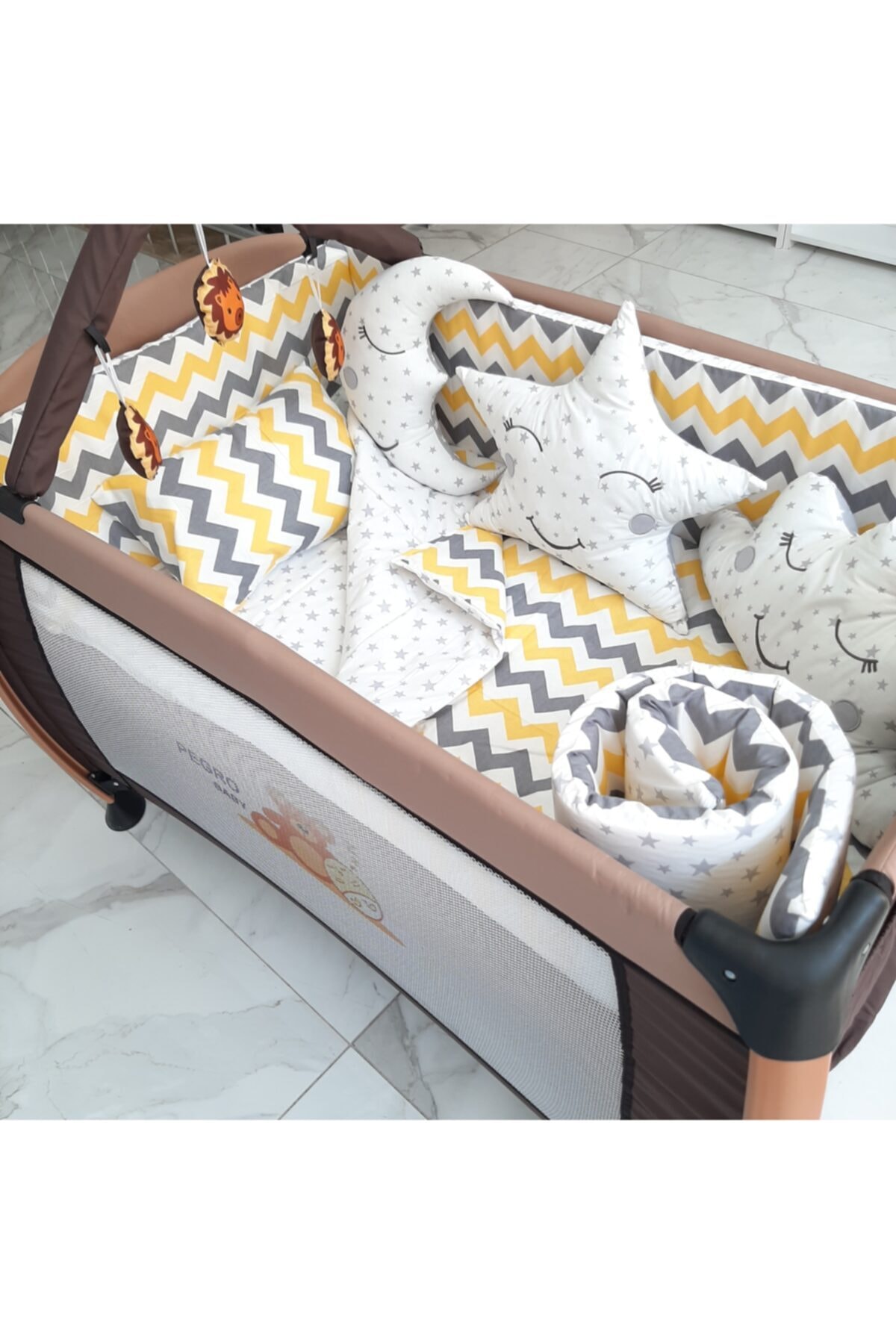 uykucubebe 60x120 Park Beşik Sarı Gri Zikzak Bebek Uyku Seti 10parca (1632kombin)