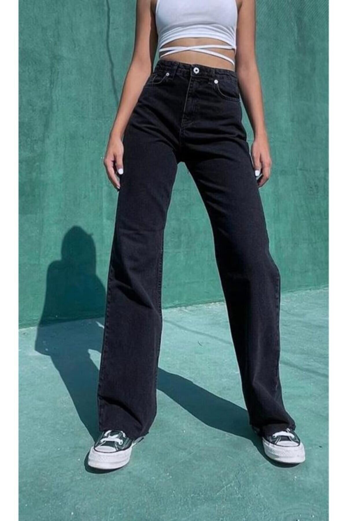 Ramrod Solmayan Siyah Likralı Süper Yüksek Bel Salaş Jean Palazzo Pantolon. (SÜPER YÜKSEK.) Wide Leg.