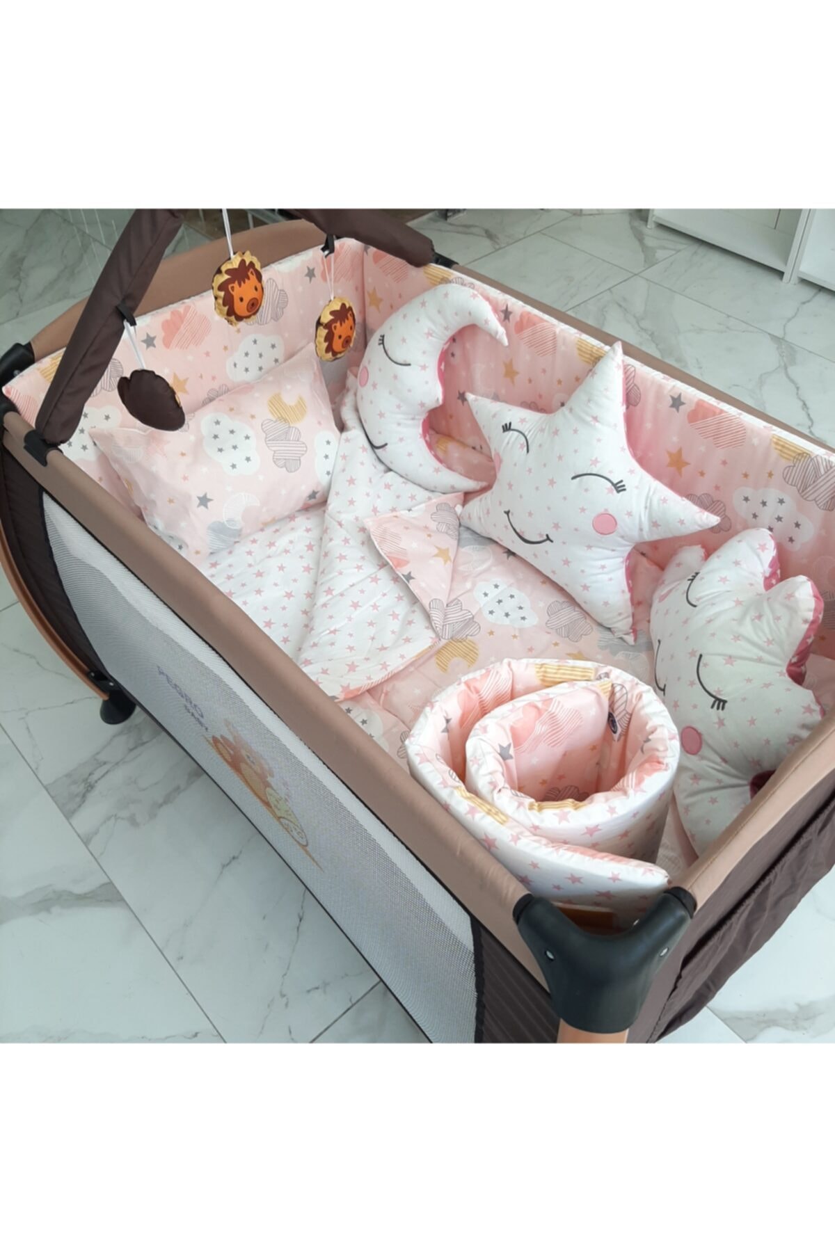 uykucubebe 60x120 Park Beşik Yavruağzı Bulutlu Bebek Uyku Seti 10parca (4930kombin)