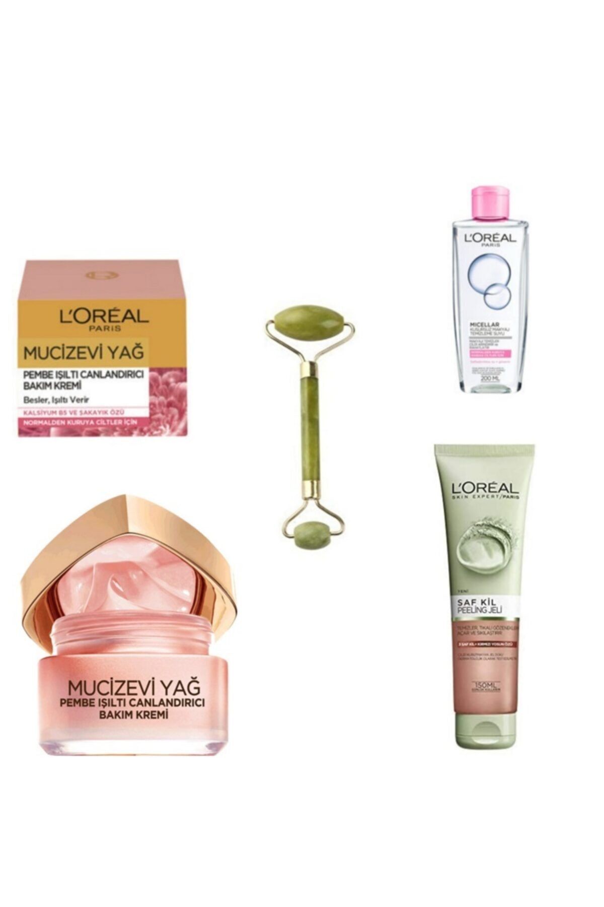 L'Oreal Paris Yüze Işıltı Veren Pembe Şakayık Özü Kremi&kil+ Kırmızı Yosun Peeling&tem.suyu+yüz Taşı