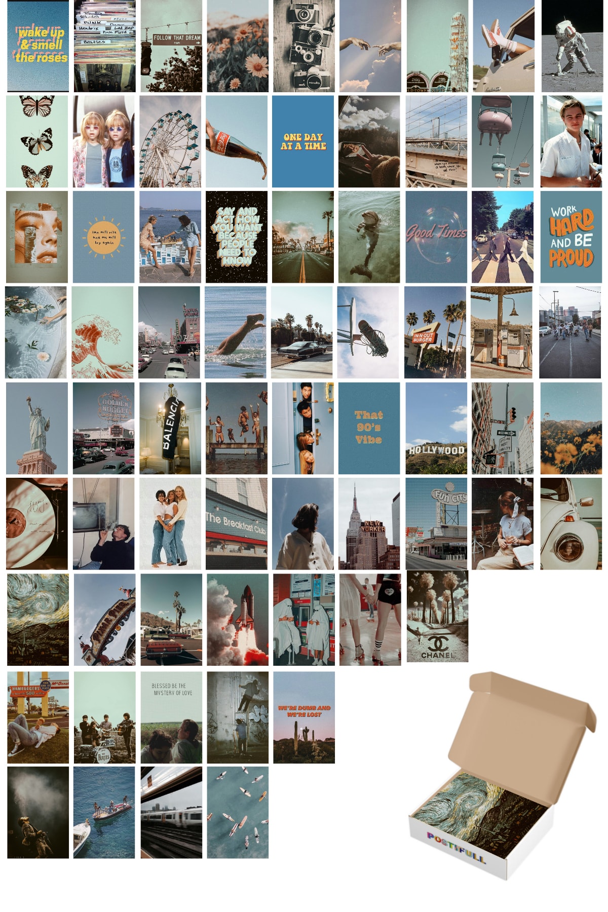 Postifull Retro Poster Seti, Poster Kolaj Seti, 70 Adet, Vintage Poster Seti, Soft Mavi, 90'lar Poster