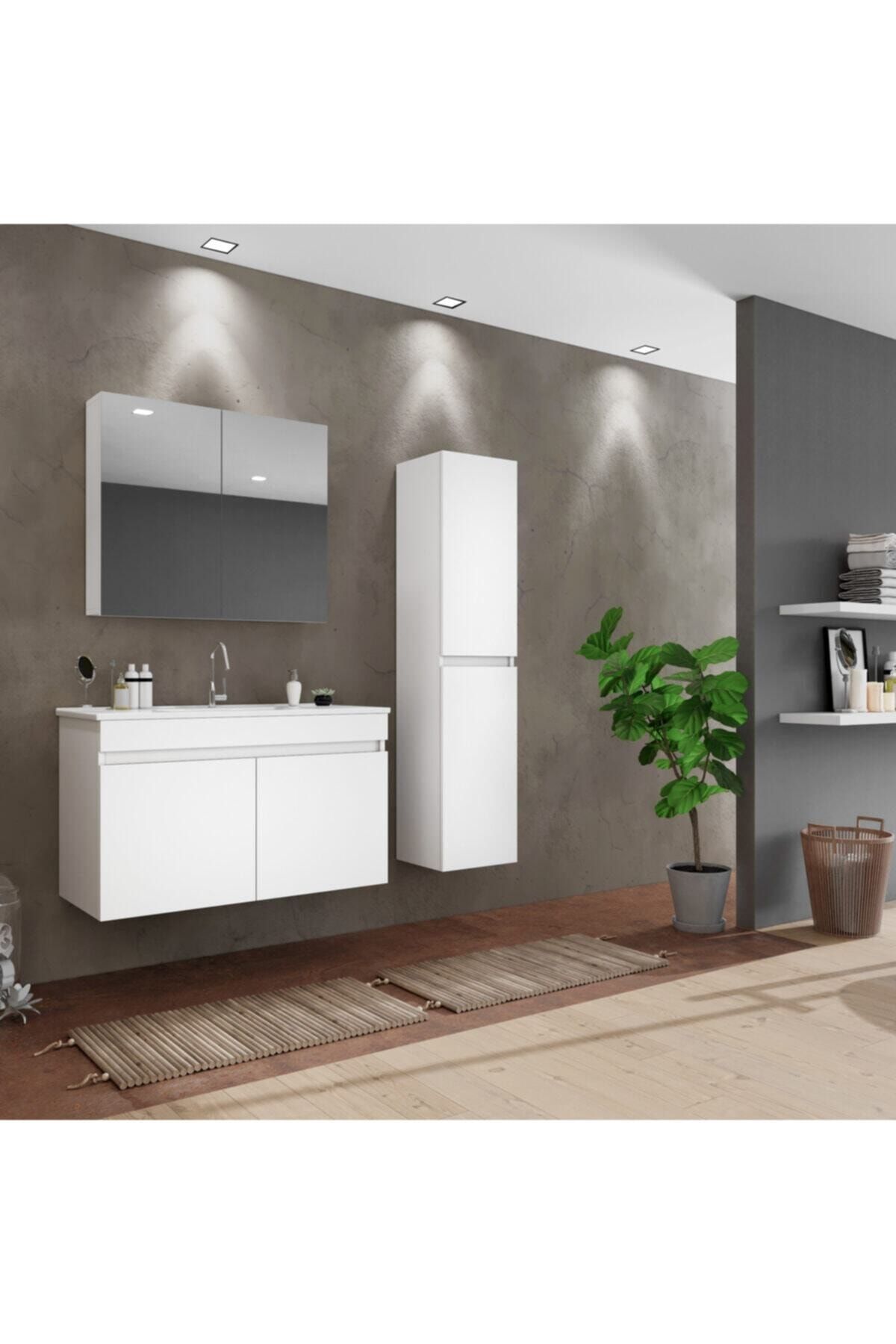 banos Tm3 Ayaksız 2 Kapaklı Lavabolu Beyaz Mdf 100 Cm Banyo Dolabı Aynalı Üst Dolap Boy Dolabı