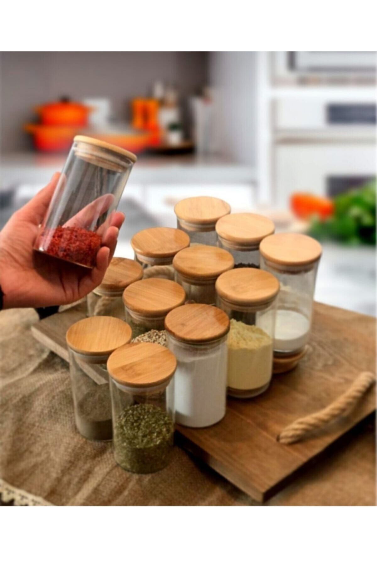 TRUSTMODA 12 Adet 300 Ml Bambu Vakum Kapaklı Cam Kavanoz Takımı
