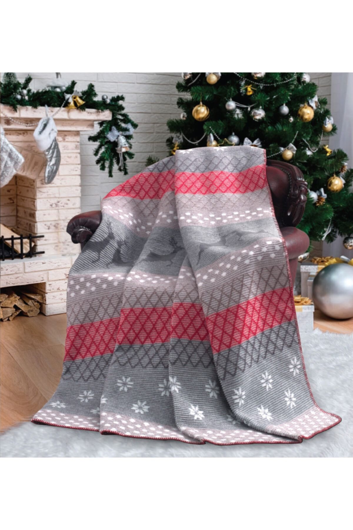 SESLİ HOME Pamuklu Battal Boy Battaniye 200 X 220 Cm Gri Kırmızı 2300 Gr